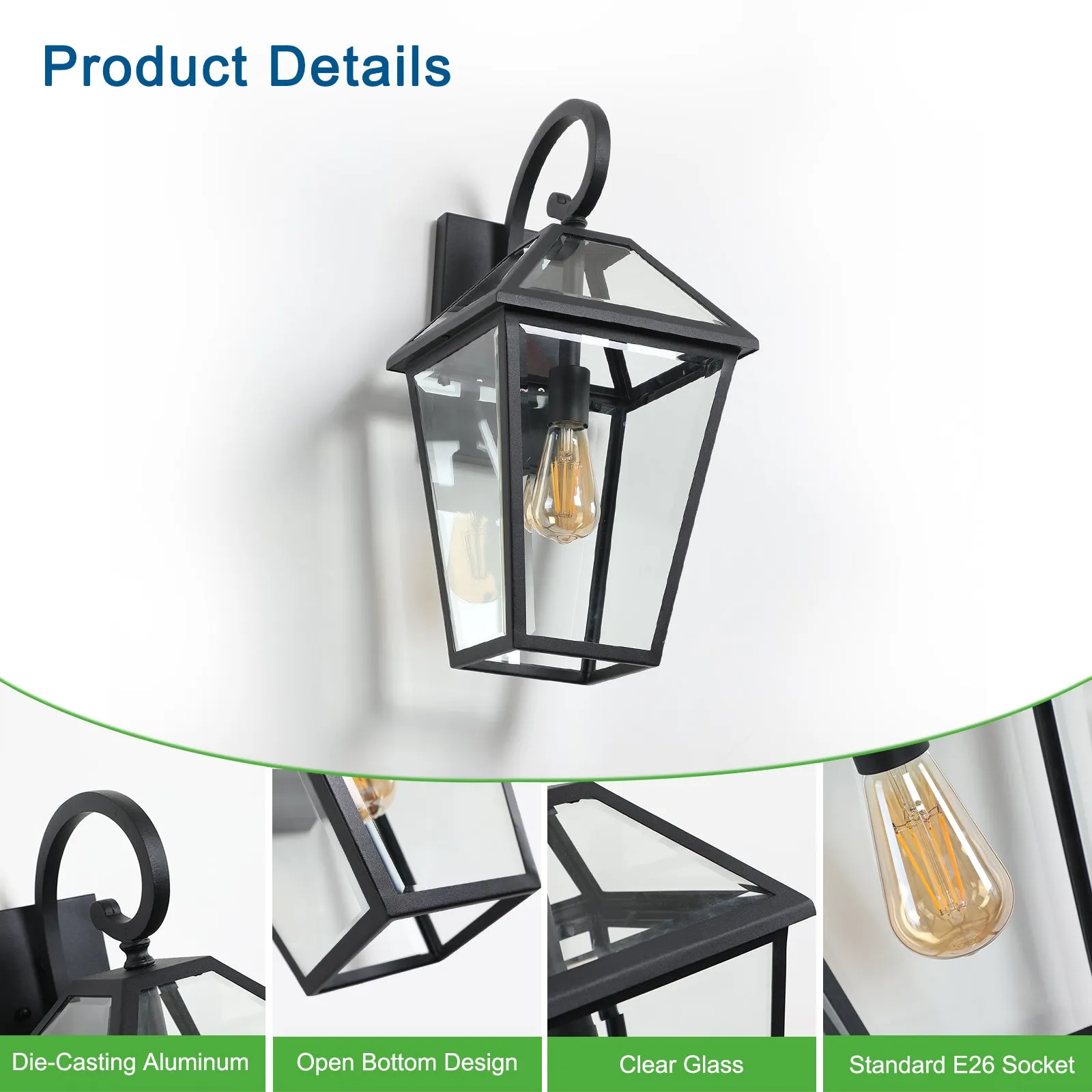 2-Pack Black Traditional Outdoor Waterproof Wall Light Vintage Glass Wall Light