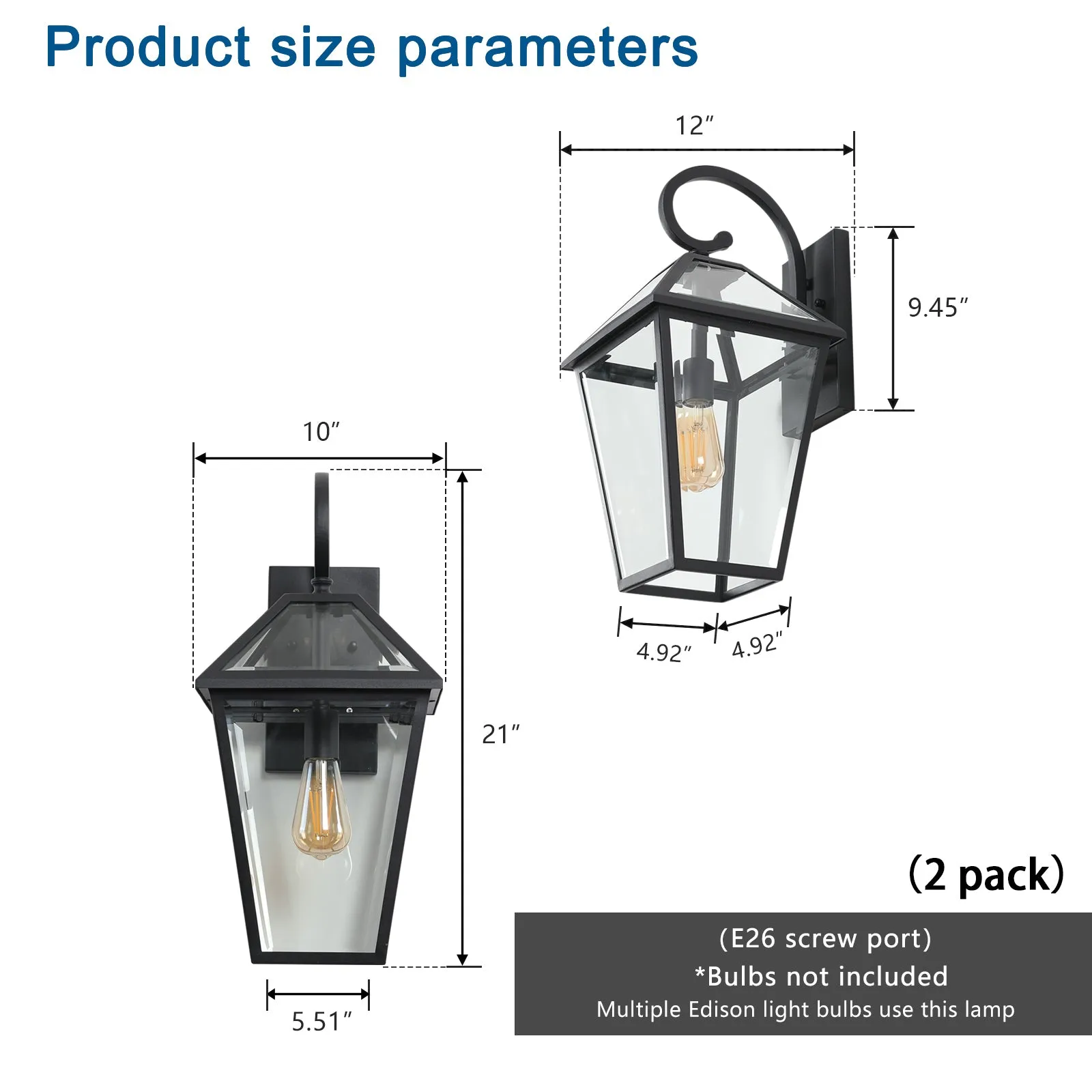 2-Pack Black Traditional Outdoor Waterproof Wall Light Vintage Glass Wall Light