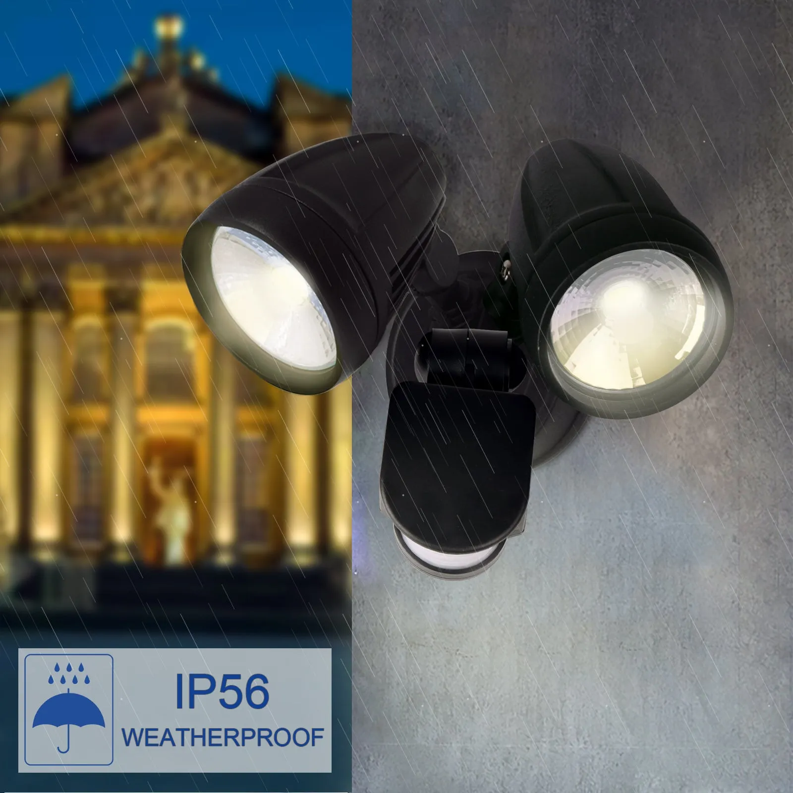 2X15W 5000k LED Outdoor Security Light with Motion Sensor Garage Spotlight Light Matt Black IP56