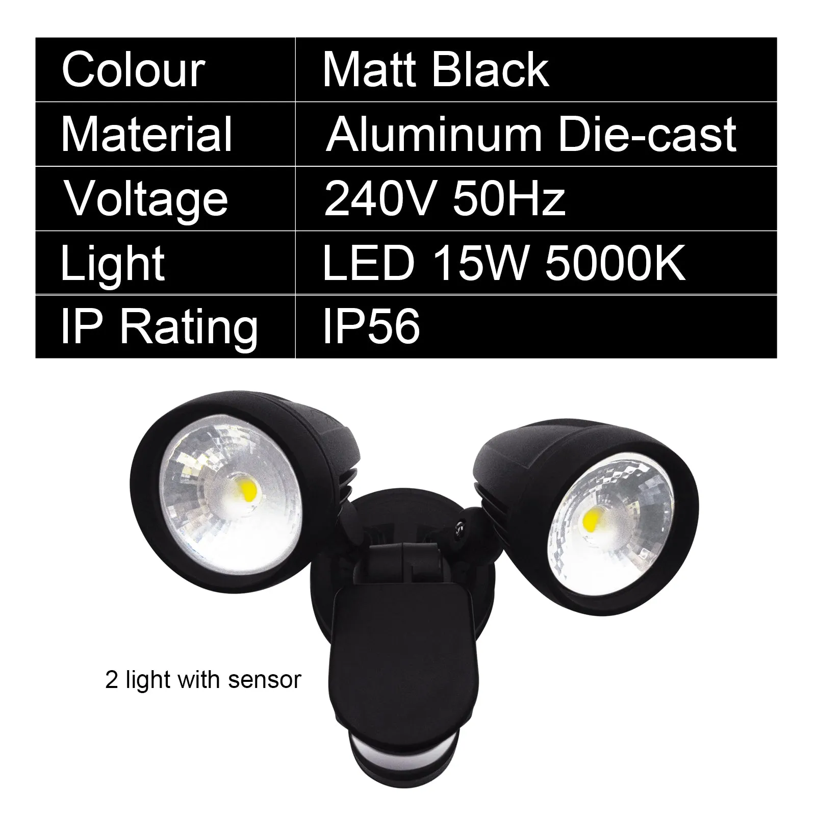2X15W 5000k LED Outdoor Security Light with Motion Sensor Garage Spotlight Light Matt Black IP56