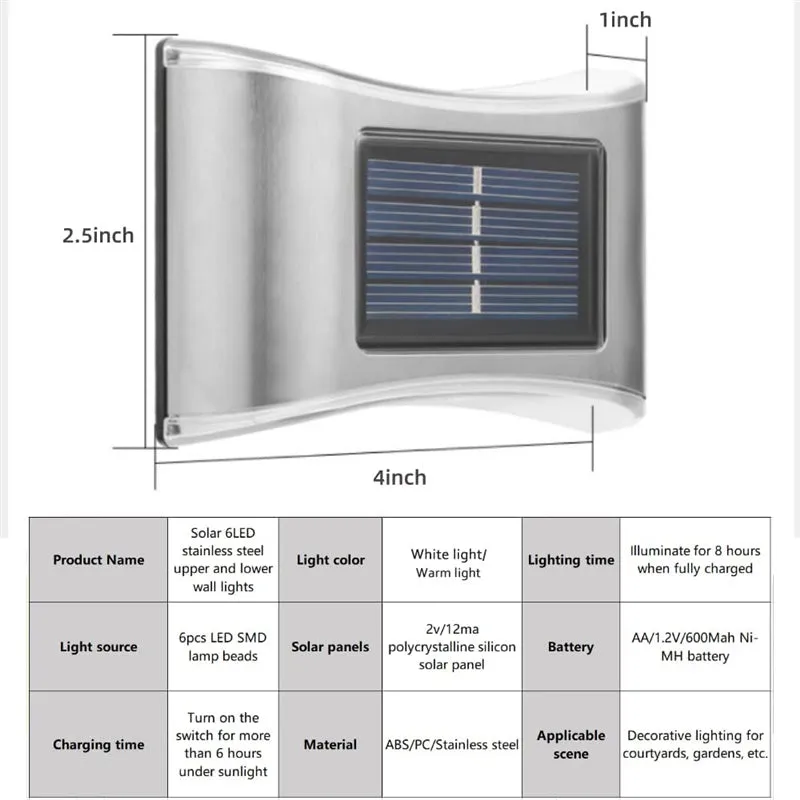 6 LED Solar Outdoor Wall Sconce Lights Sunlight Sensor Garden Porch Lamp