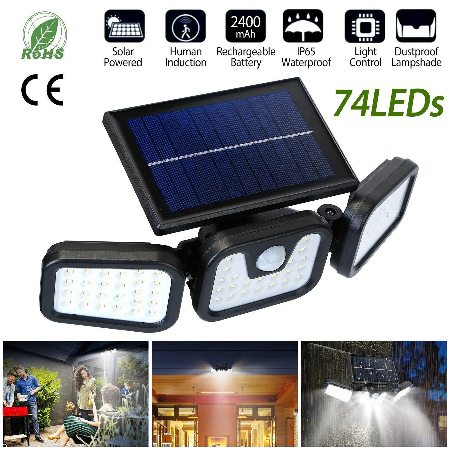 74 LEDs 3 Adjustable Solar Head Motion Sensor Flood Light