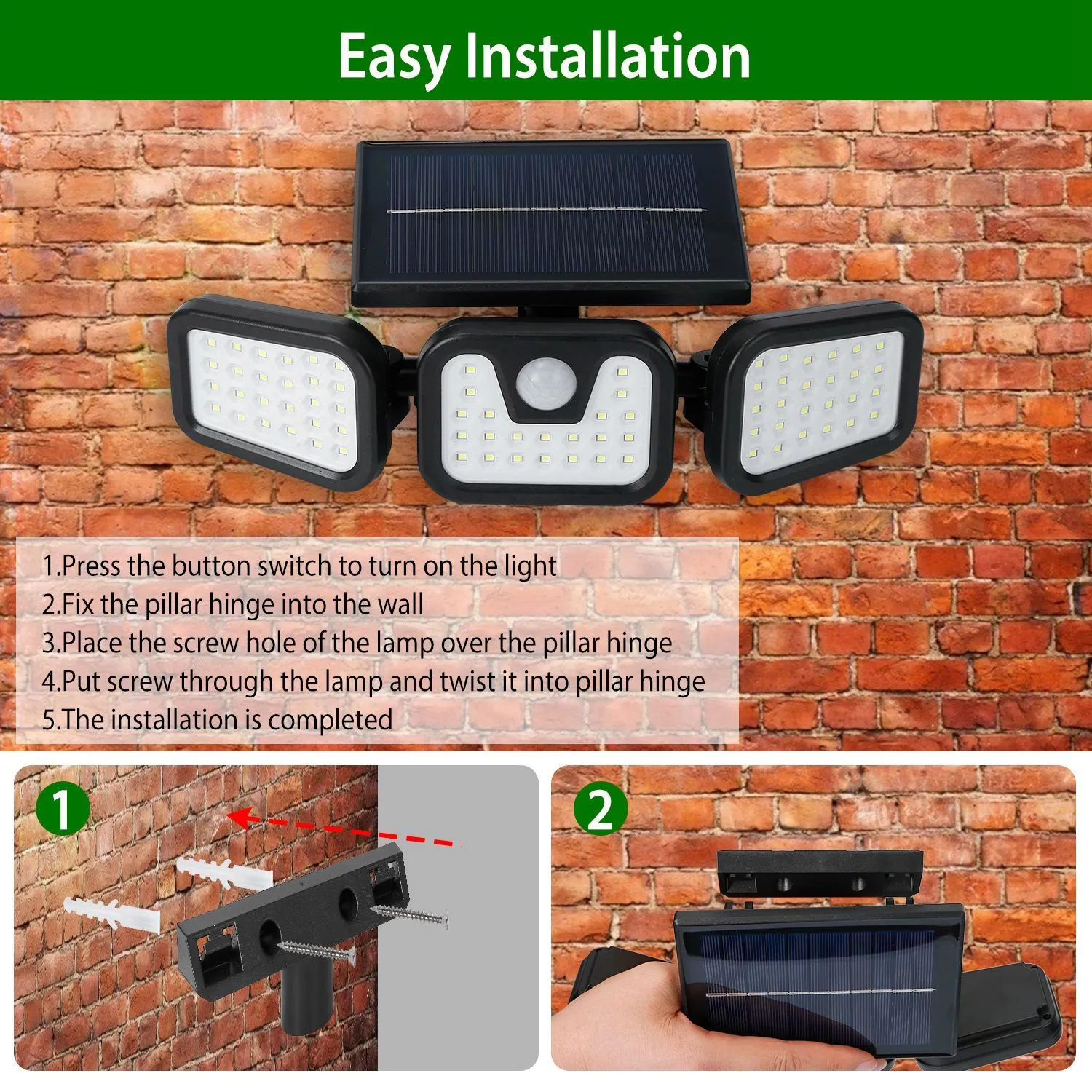 74 LEDs 3 Adjustable Solar Head Motion Sensor Flood Light