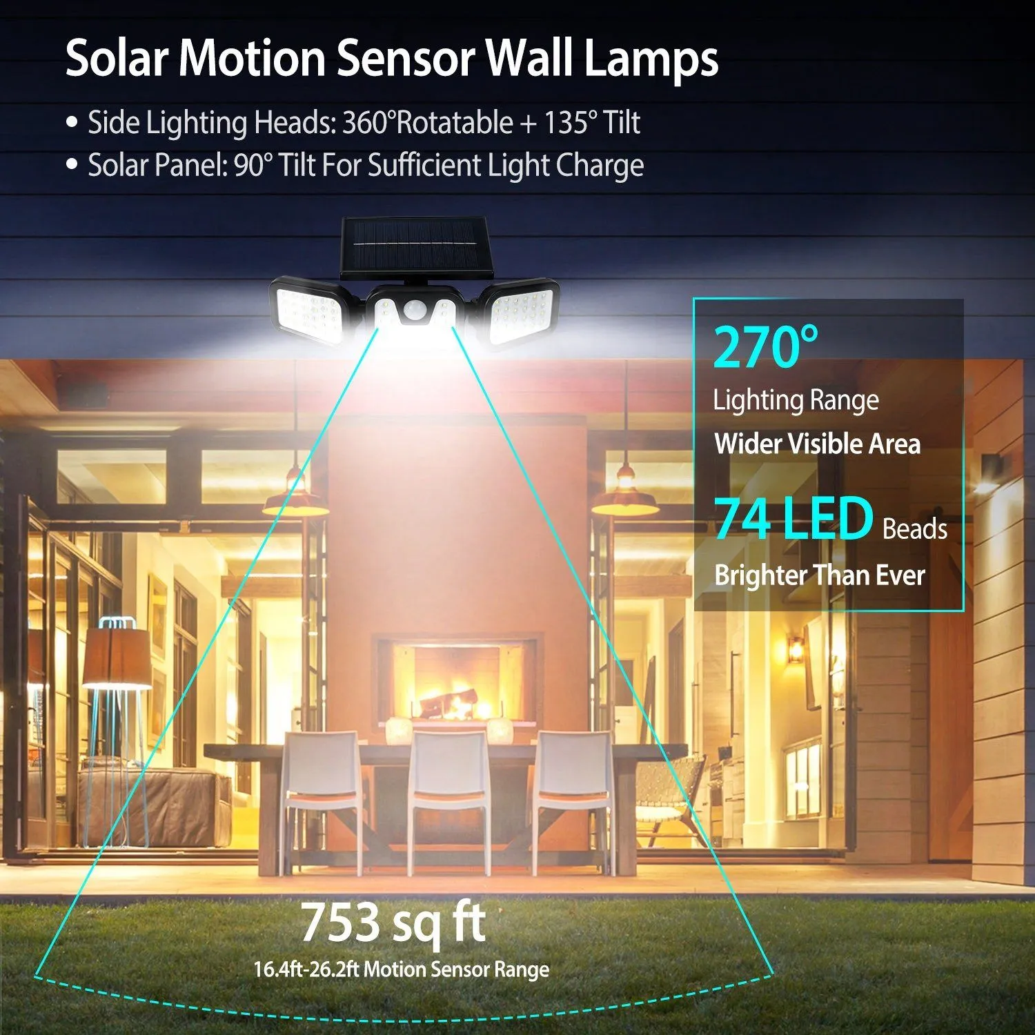 74 LEDs 3 Adjustable Solar Head Motion Sensor Flood Light