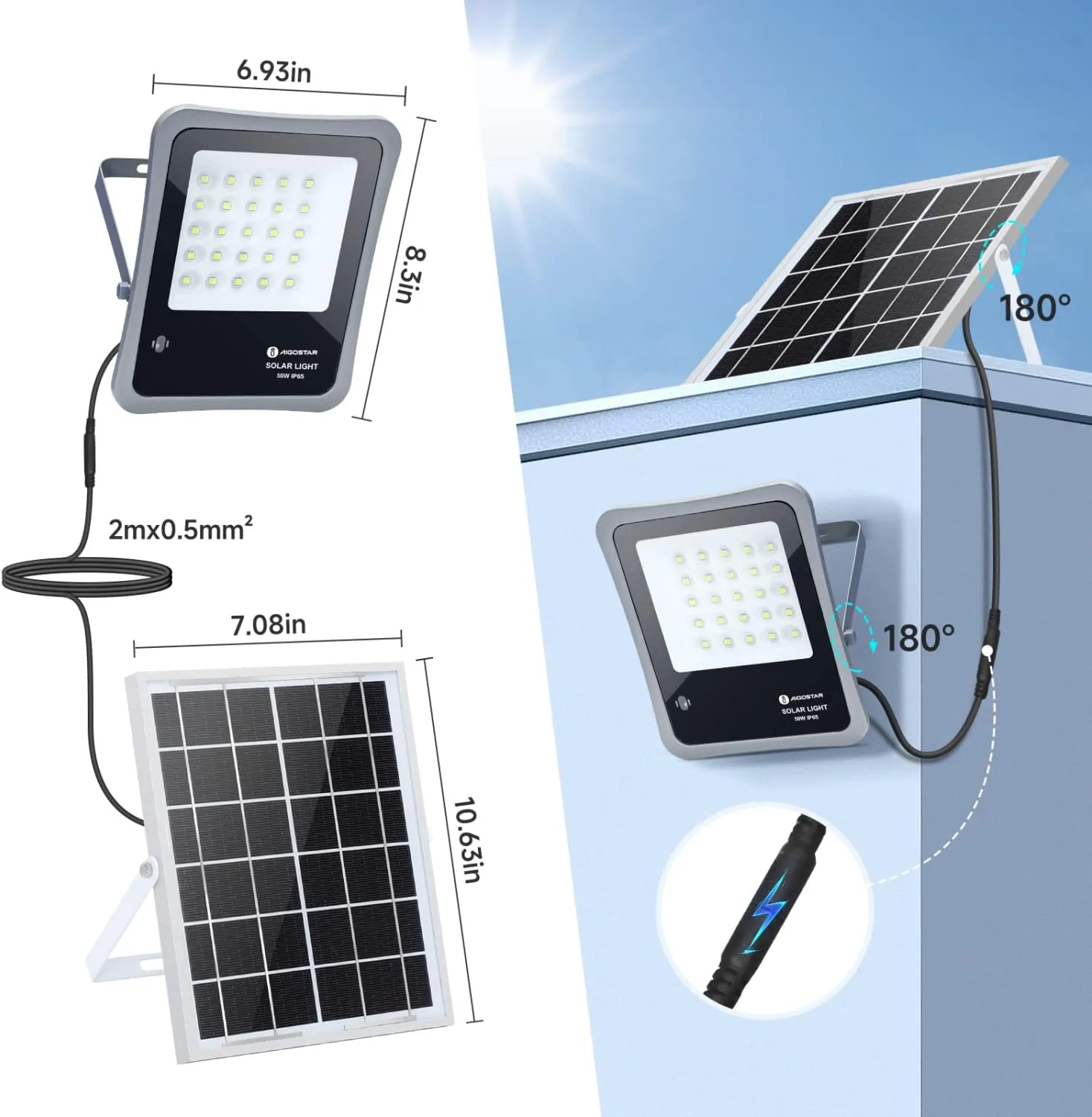 Aigostar Solar Flood Lights Outdoor Waterproof, 50W 6000mAh LED Dusk to Dawn Outdoor Lighting Security Lights with Remote, Separate Solar Panel for Porch Yard Garage Pathway