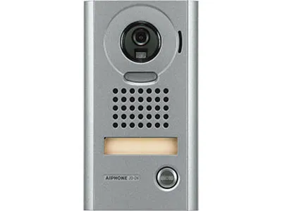 Aiphone JO-DV Surface mount vandal resistant video doorbell with color camera, and a die-cast zinc face plate.