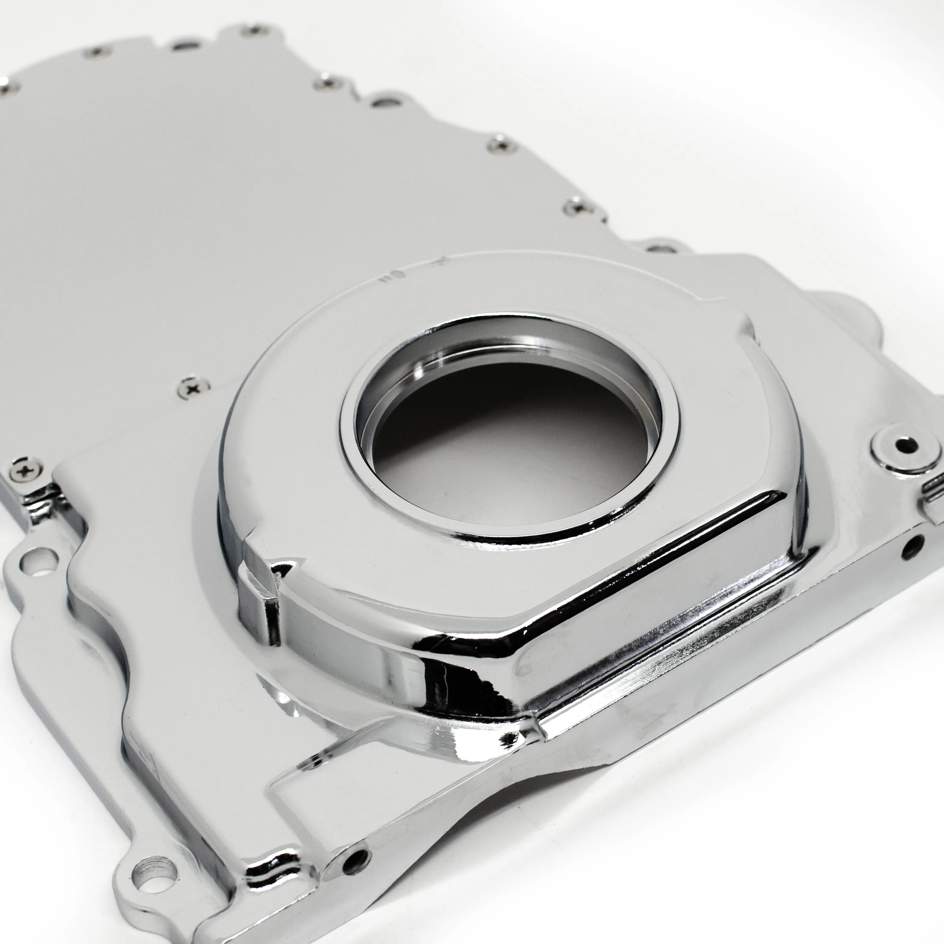 ALUMINUM CHEVY LS TWO PIECE TIMING CHAIN COVER W-O CAM SENSOR HOLE - CHROME