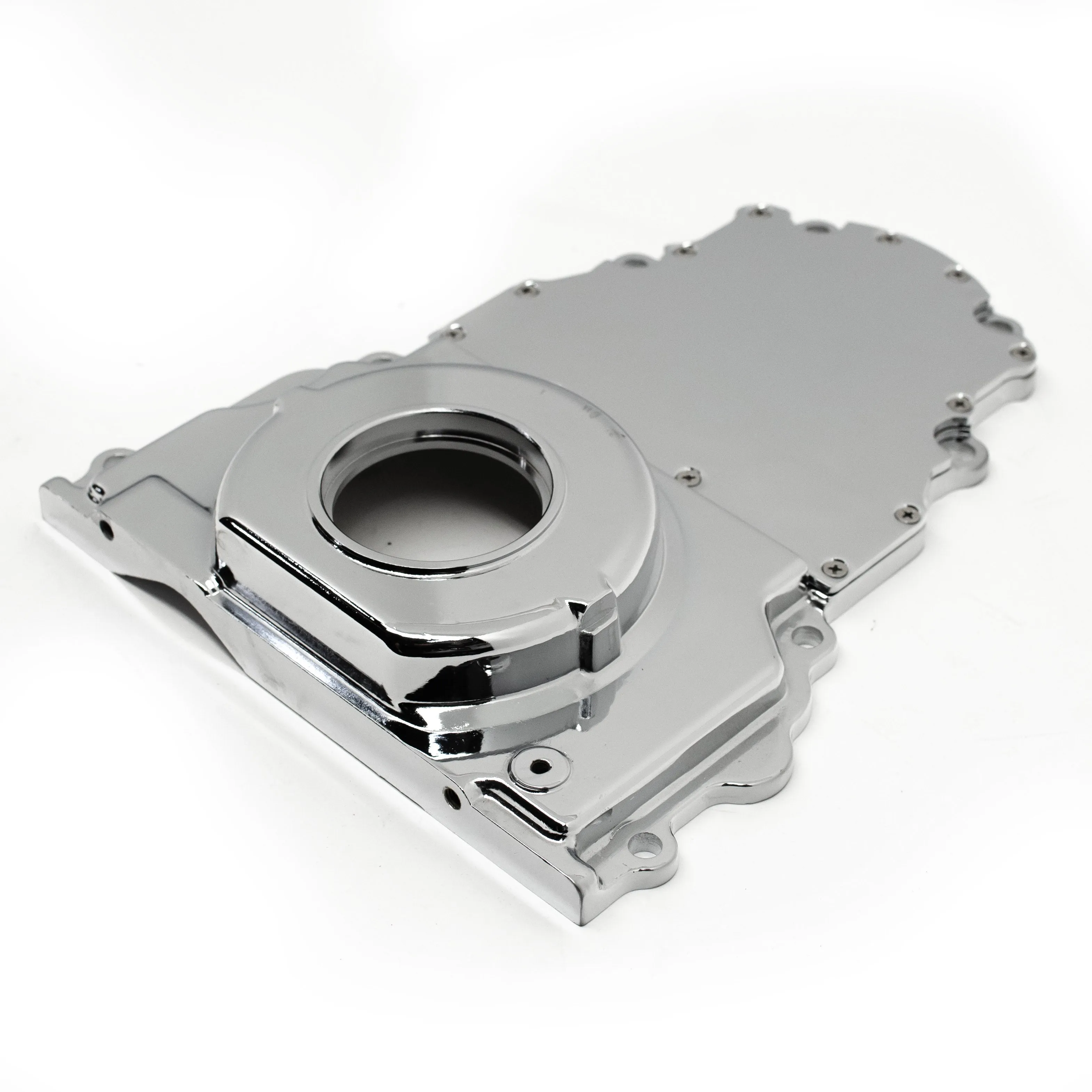 ALUMINUM CHEVY LS TWO PIECE TIMING CHAIN COVER W-O CAM SENSOR HOLE - CHROME