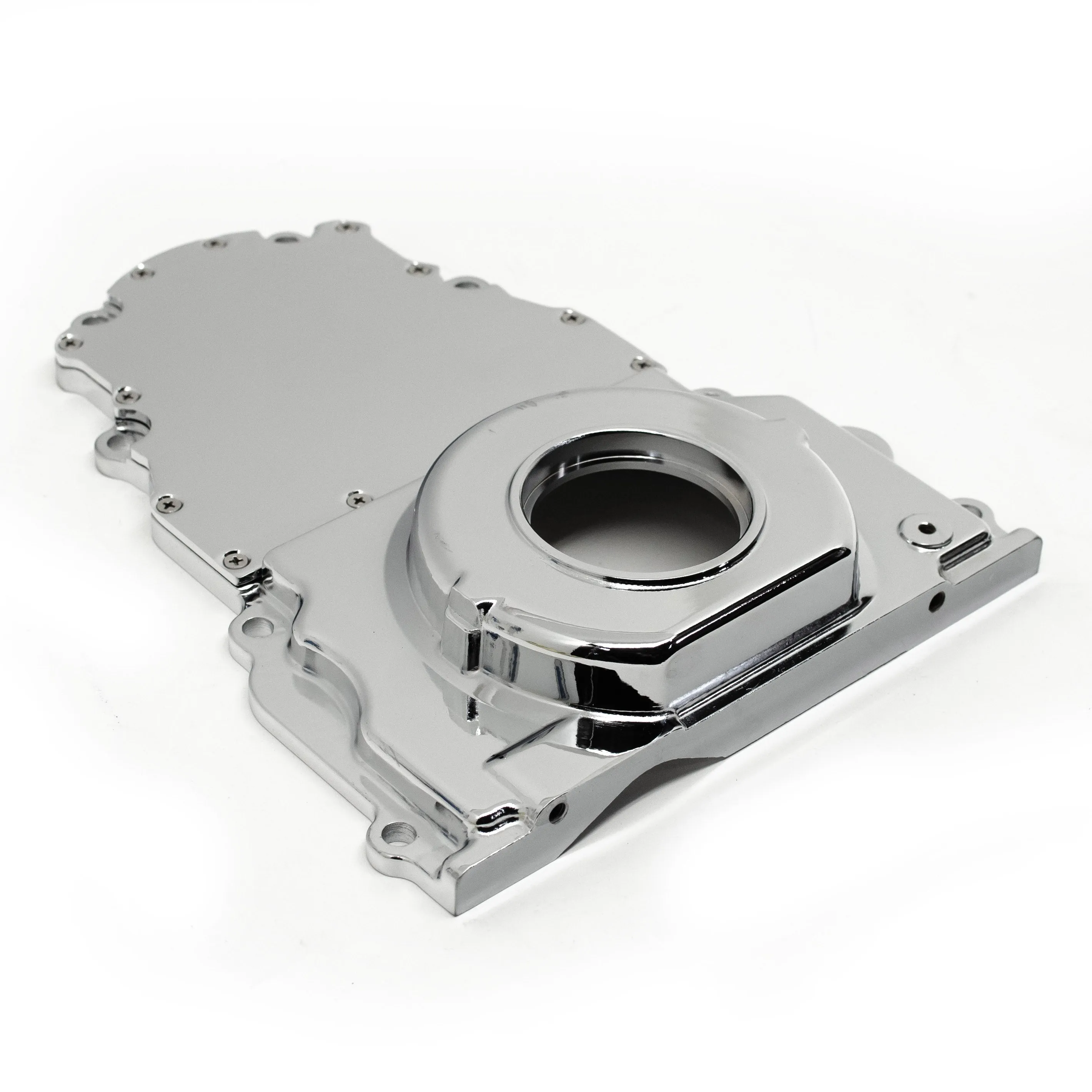 ALUMINUM CHEVY LS TWO PIECE TIMING CHAIN COVER W-O CAM SENSOR HOLE - CHROME