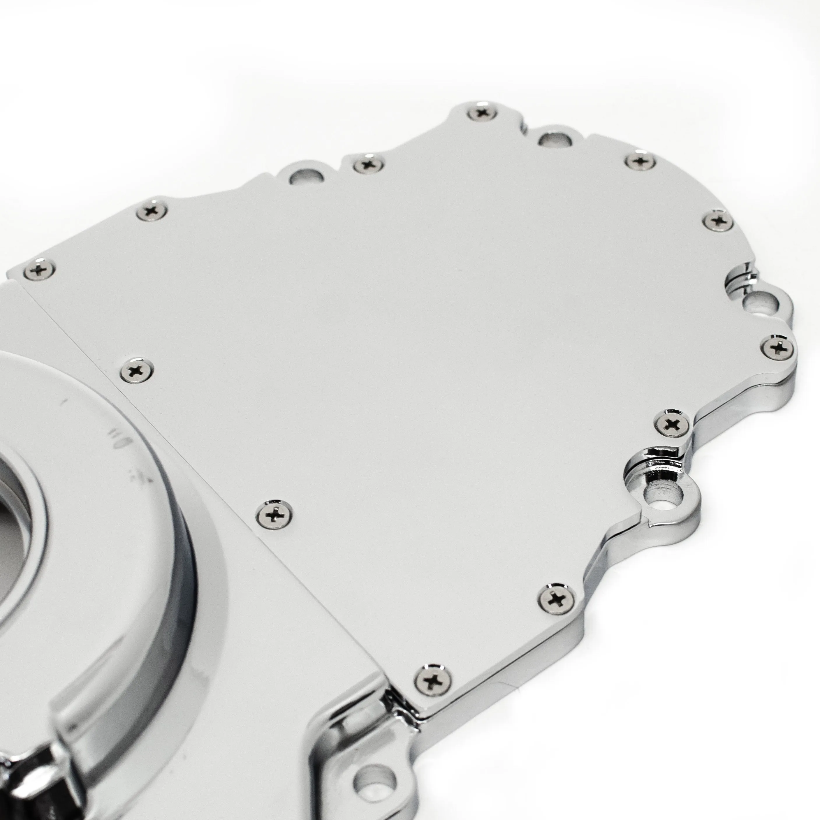 ALUMINUM CHEVY LS TWO PIECE TIMING CHAIN COVER W-O CAM SENSOR HOLE - CHROME