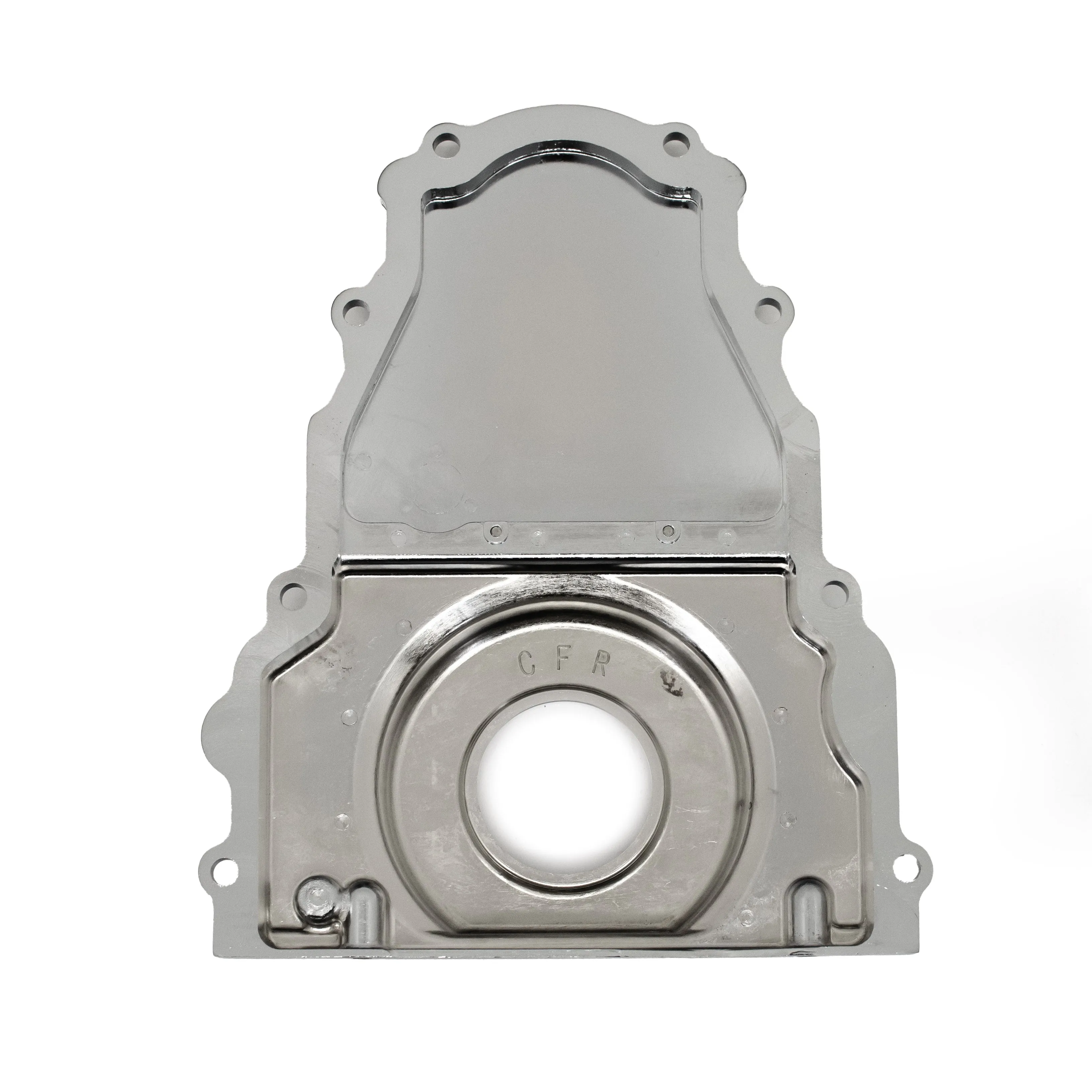 ALUMINUM CHEVY LS TWO PIECE TIMING CHAIN COVER W-O CAM SENSOR HOLE - CHROME