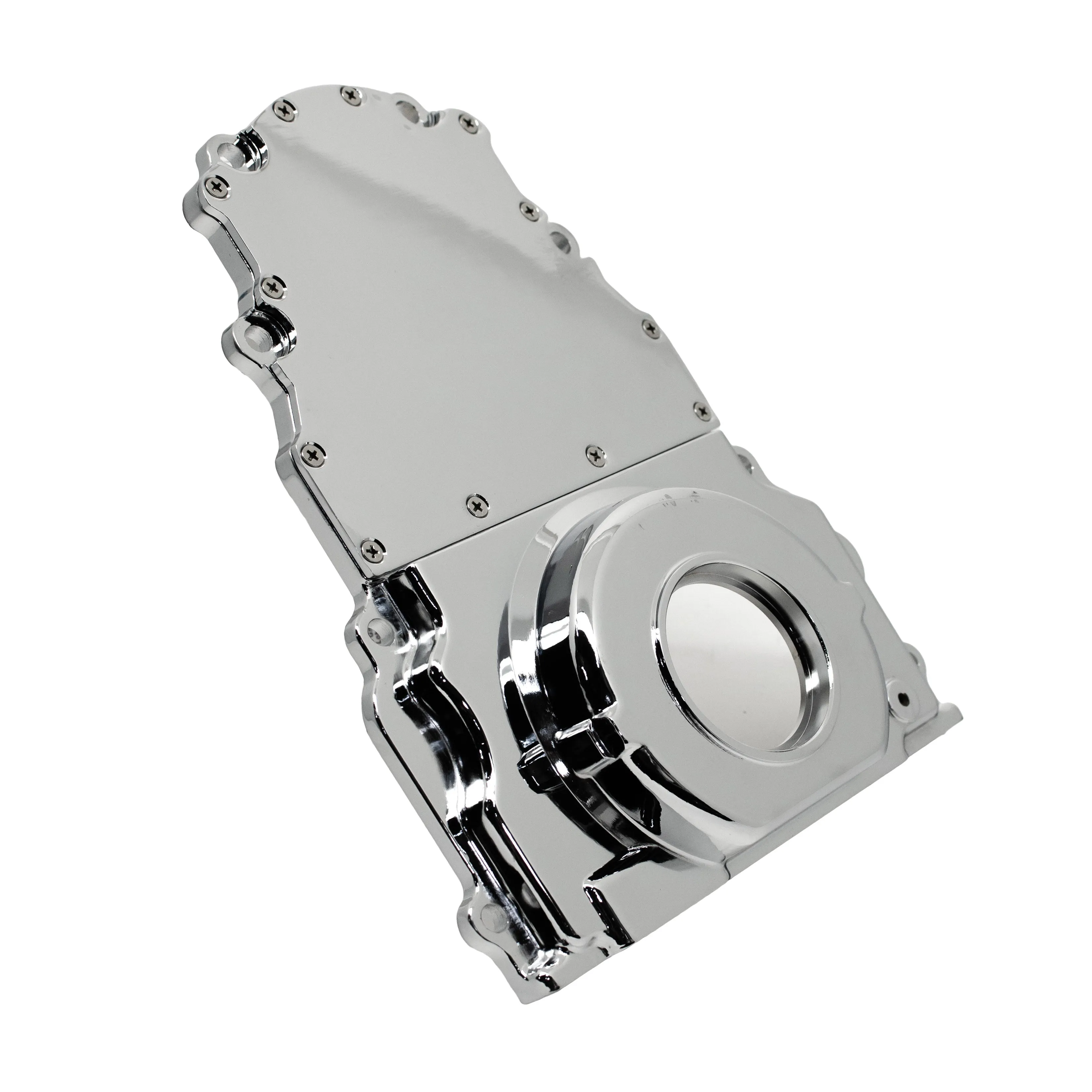 ALUMINUM CHEVY LS TWO PIECE TIMING CHAIN COVER W-O CAM SENSOR HOLE - CHROME