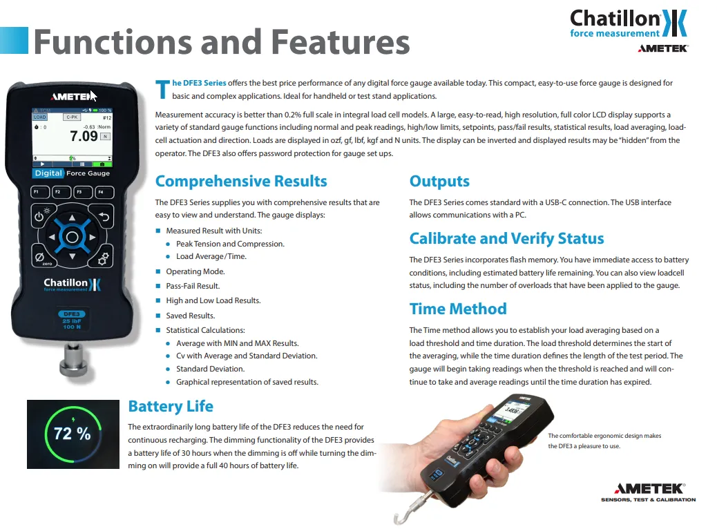 Ametek Chatillon DFS3-002 Digital Force Gauge - 2 x 0.0001 lbf, N 10 x .0001N, Kgf 1 x.00001Kgf, ozf 32 x .001ozf, gf 1000 x .01gf