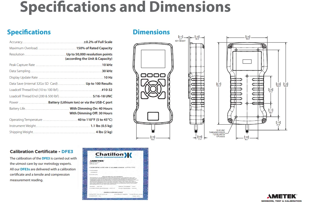 Ametek Chatillon DFS3-010 Digital Force Gauge - 10 x 0.001 lbf, N 50 x .001N, Kgf 5 x.0001Kgf, ozf 160 x .01ozf, gf 5000 x .1gf