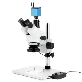 AmScope SM-1 Series Zoom Trinocular Stereo Microscope on Pillar Stand with Extra Large Base Plate w/144 LED Ring Light and Auto Focus Camera
