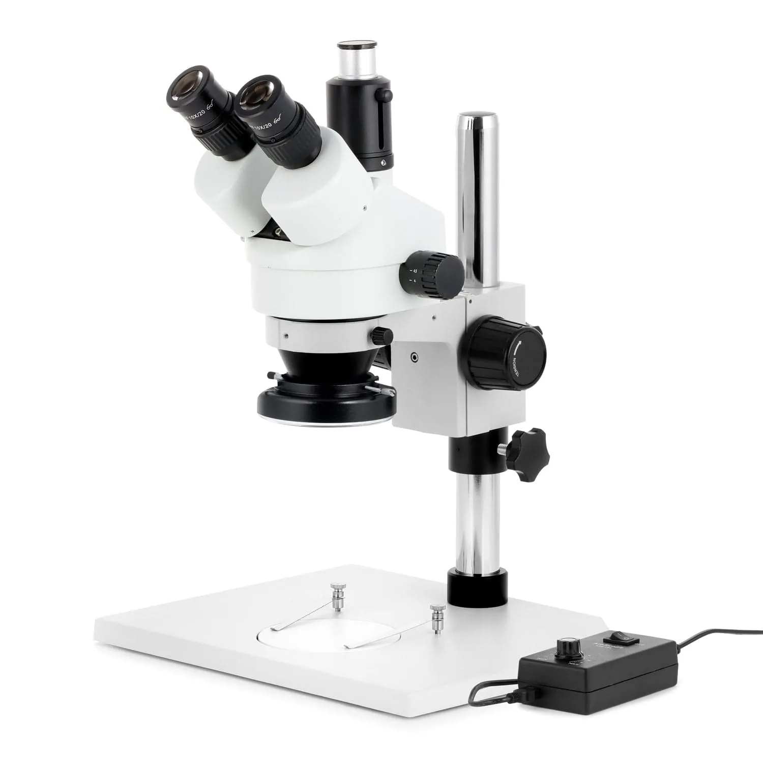 AmScope SM-1 Series Zoom Trinocular Stereo Microscope on Pillar Stand with Extra Large Base Plate w/144 LED Ring Light and Auto Focus Camera
