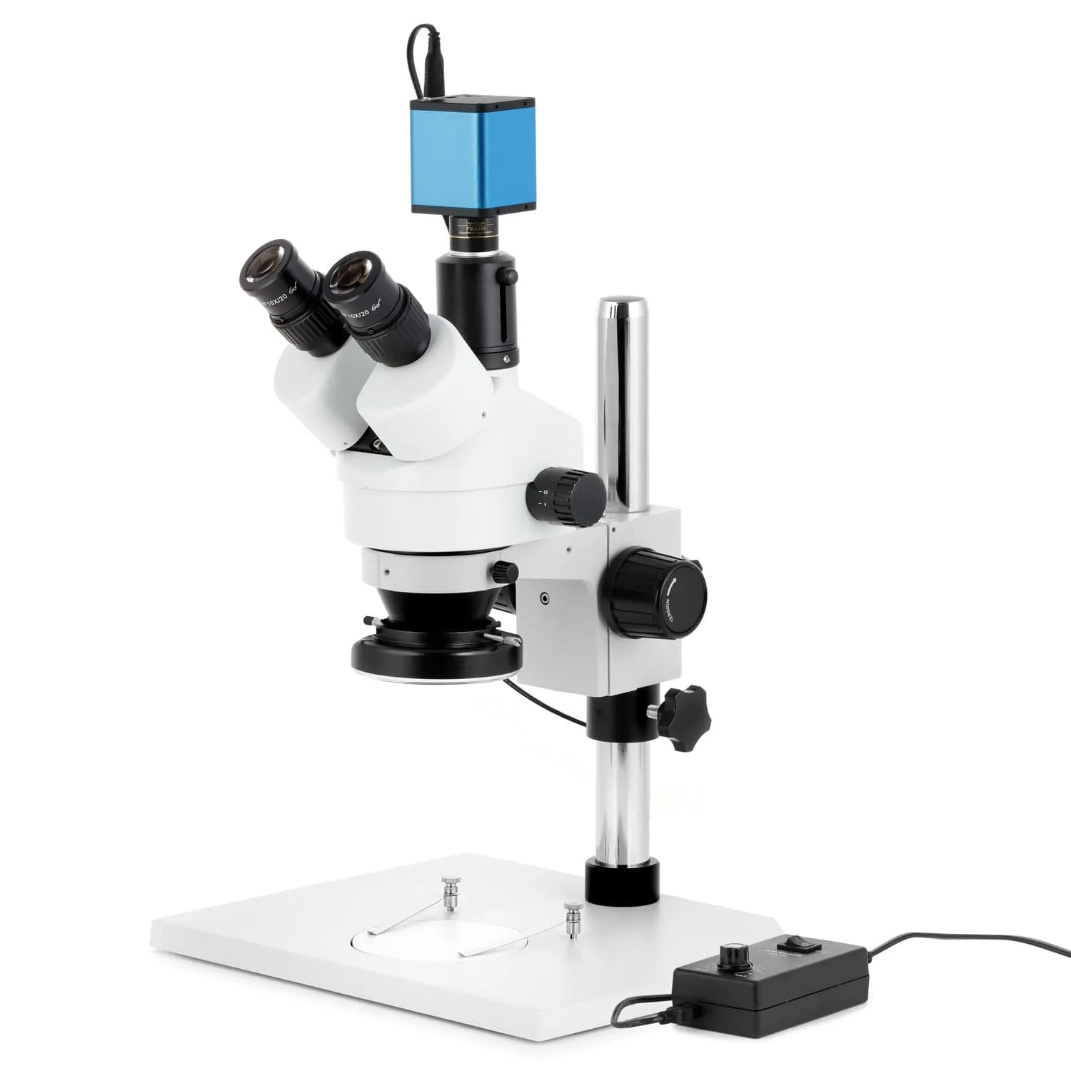 AmScope SM-1 Series Zoom Trinocular Stereo Microscope on Pillar Stand with Extra Large Base Plate w/144 LED Ring Light and Auto Focus Camera
