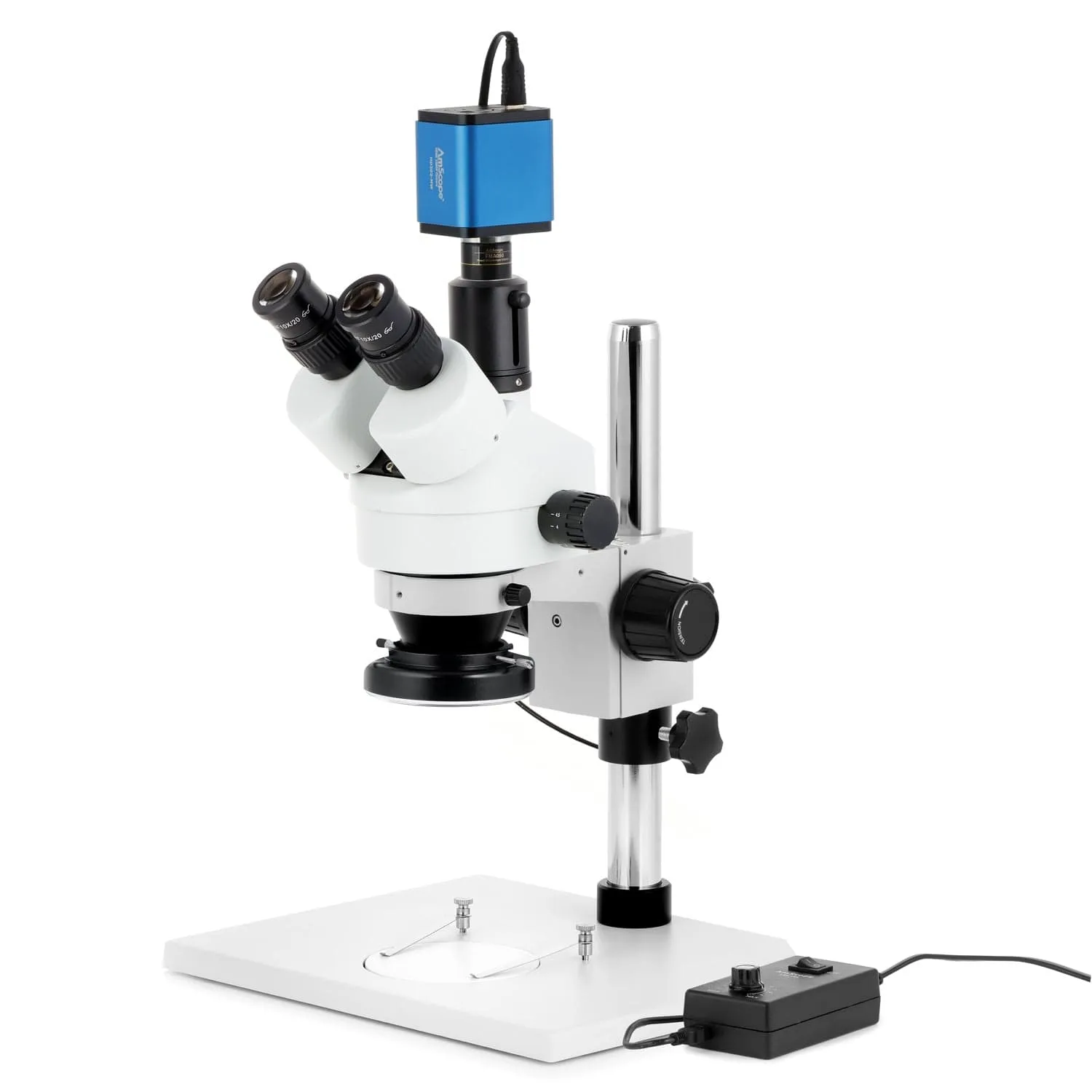 AmScope SM-1 Series Zoom Trinocular Stereo Microscope on Pillar Stand with Extra Large Base Plate w/144 LED Ring Light and HDMI Camera