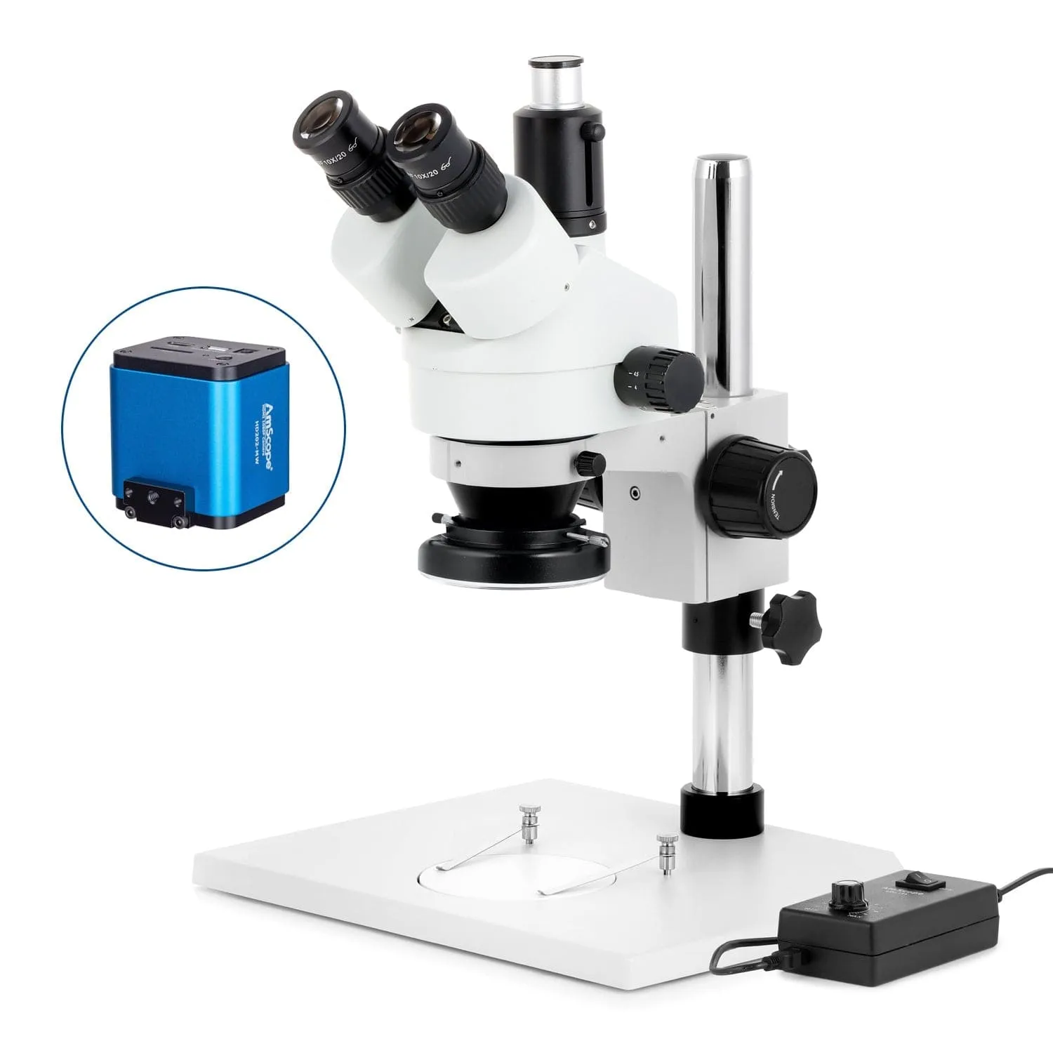 AmScope SM-1 Series Zoom Trinocular Stereo Microscope on Pillar Stand with Extra Large Base Plate w/144 LED Ring Light and HDMI Camera