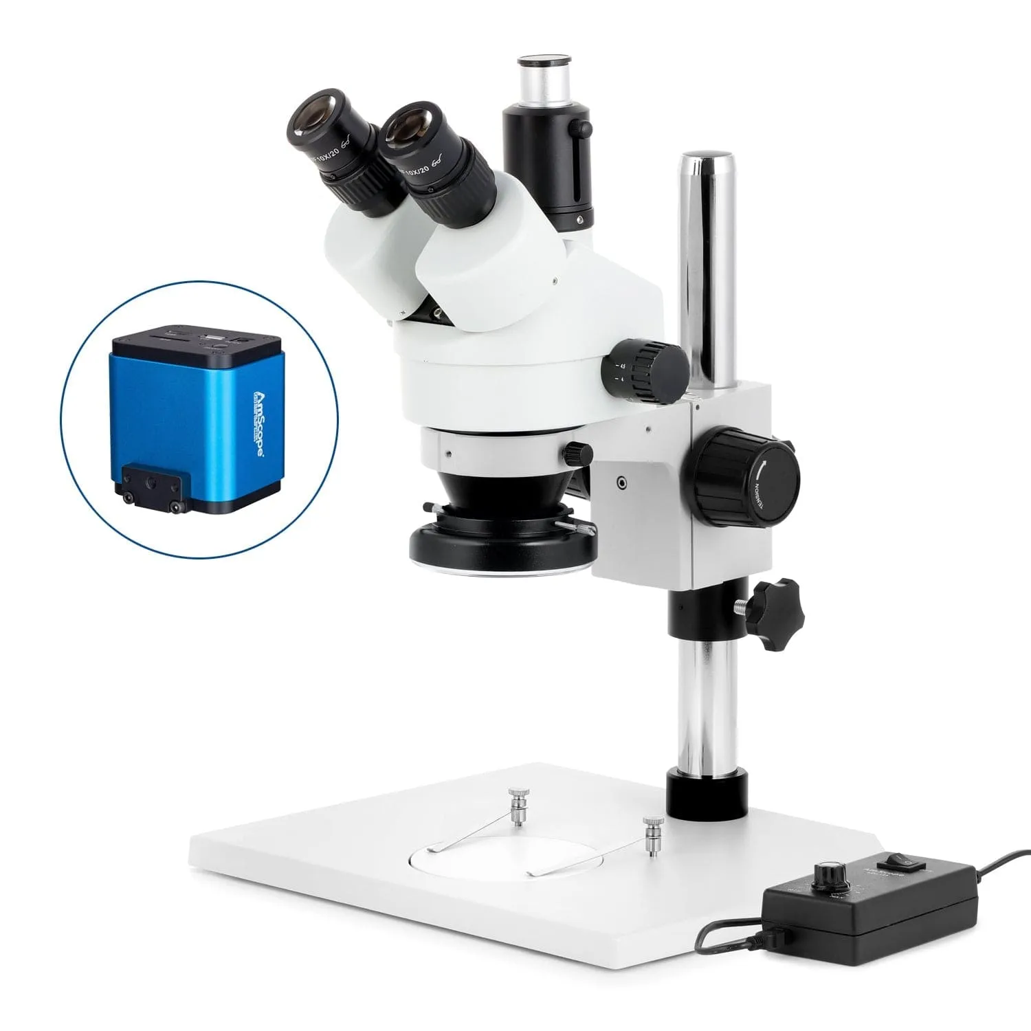 AmScope SM-1 Series Zoom Trinocular Stereo Microscope on Pillar Stand with Extra Large Base Plate w/144 LED Ring Light and HDMI Camera