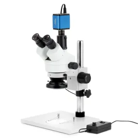 AmScope SM-1 Series Zoom Trinocular Stereo Microscope on Pillar Stand with Extra Large Base Plate w/144 LED Ring Light and HDMI Camera