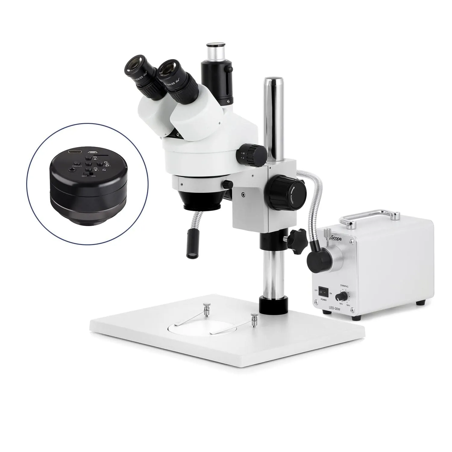AmScope SM-1 Series Zoom Trinocular Stereo Microscope on Pillar Stand with Extra Large Base Plate w/30W LED Single Fiber Optic Gooseneck Light and HD Recording Camera