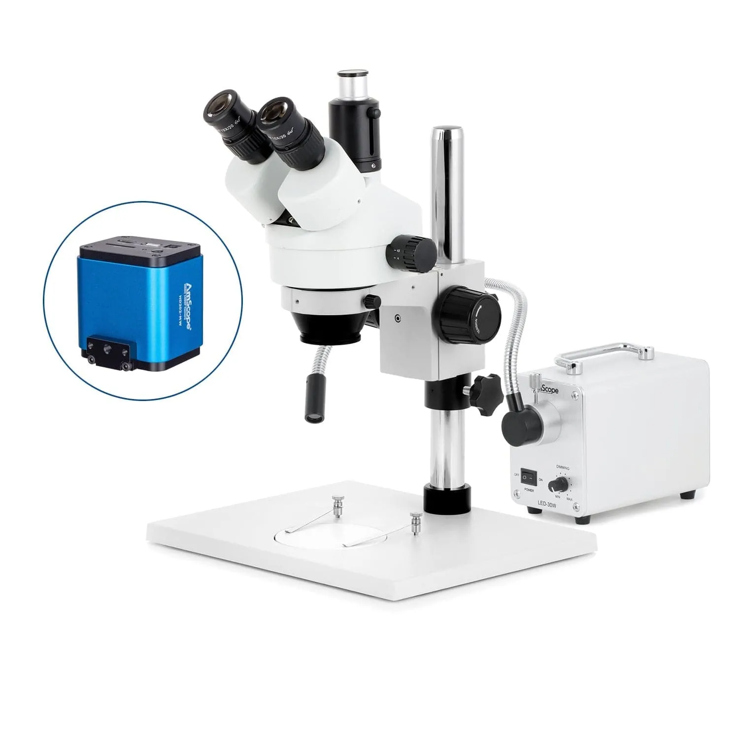 AmScope SM-1 Series Zoom Trinocular Stereo Microscope on Pillar Stand with Extra Large Base Plate w/30W LED Single Fiber Optic Gooseneck Light and HDMI Camera
