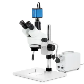 AmScope SM-1 Series Zoom Trinocular Stereo Microscope on Pillar Stand with Extra Large Base Plate w/30W LED Single Fiber Optic Gooseneck Light and HDMI Camera