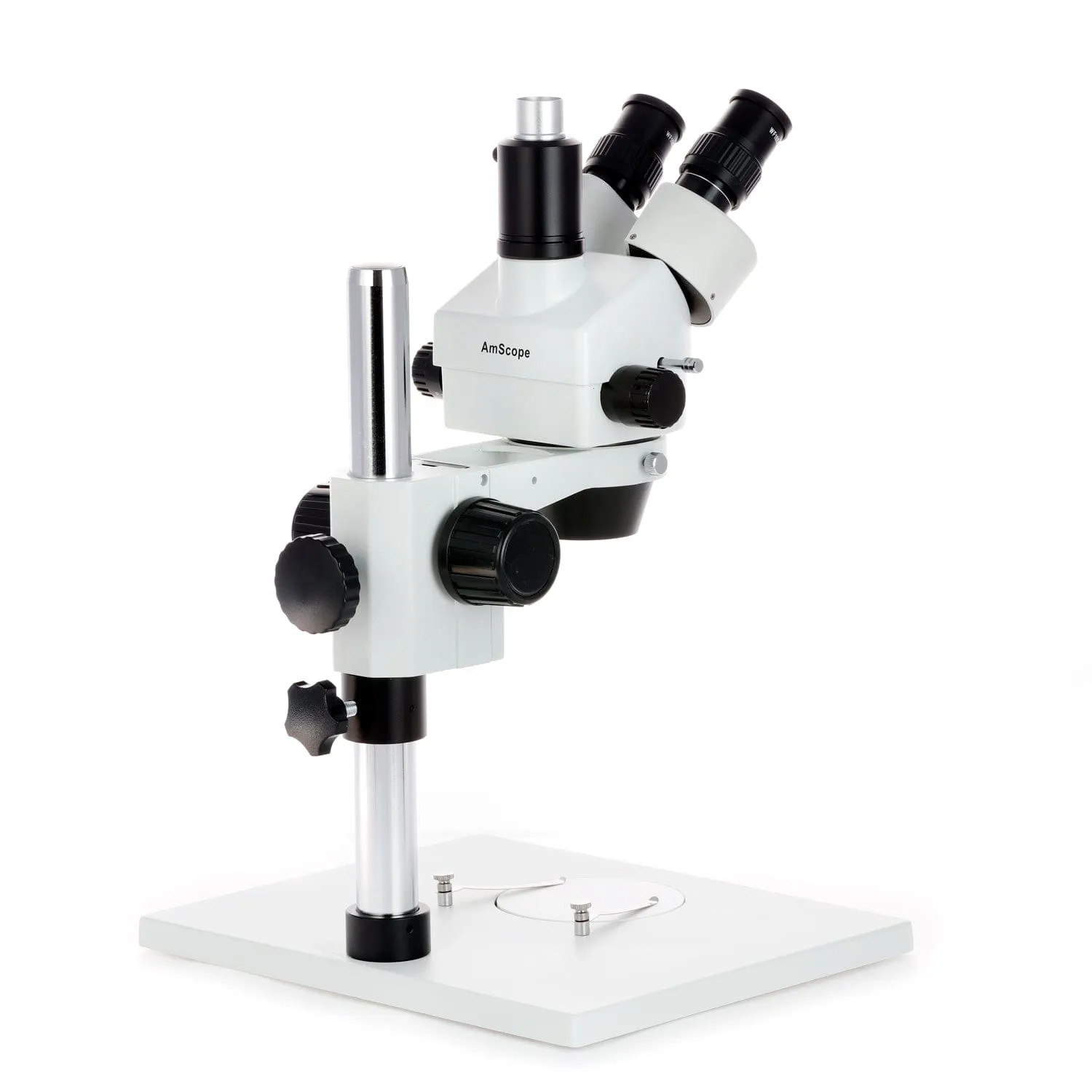 AmScope SM-1 Series Zoom Trinocular Stereo Microscope on Pillar Stand with Extra Large Base Plate w/80 LED Direction Variable Ring Light and Auto Focus Camera