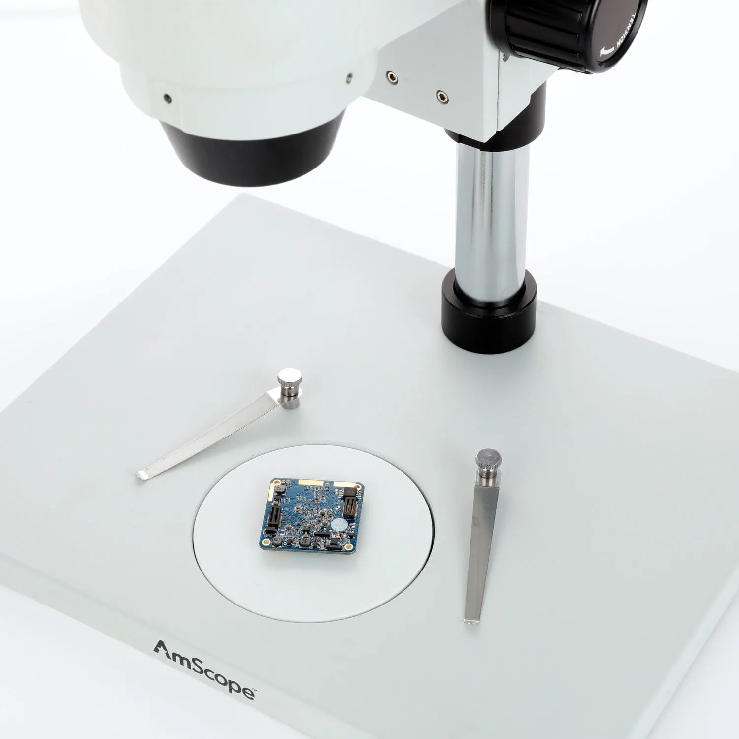 AmScope SM-1 Series Zoom Trinocular Stereo Microscope on Pillar Stand with Extra Large Base Plate w/80 LED Direction Variable Ring Light and Auto Focus Camera