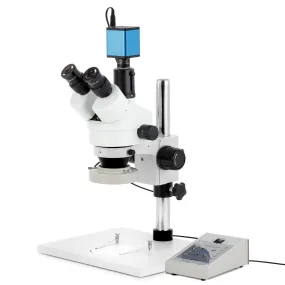 AmScope SM-1 Series Zoom Trinocular Stereo Microscope on Pillar Stand with Extra Large Base Plate w/80 LED Direction Variable Ring Light and Auto Focus Camera