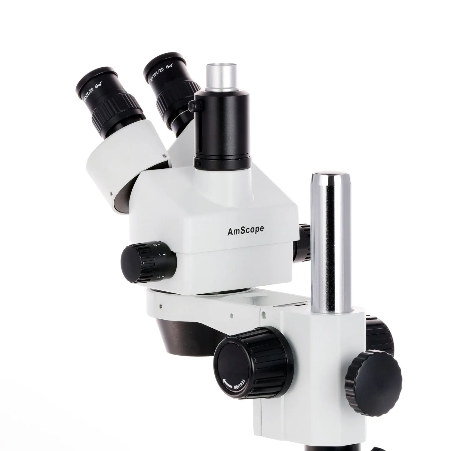 AmScope SM-1 Series Zoom Trinocular Stereo Microscope on Pillar Stand with Extra Large Base Plate w/80 LED Direction Variable Ring Light and Auto Focus Camera