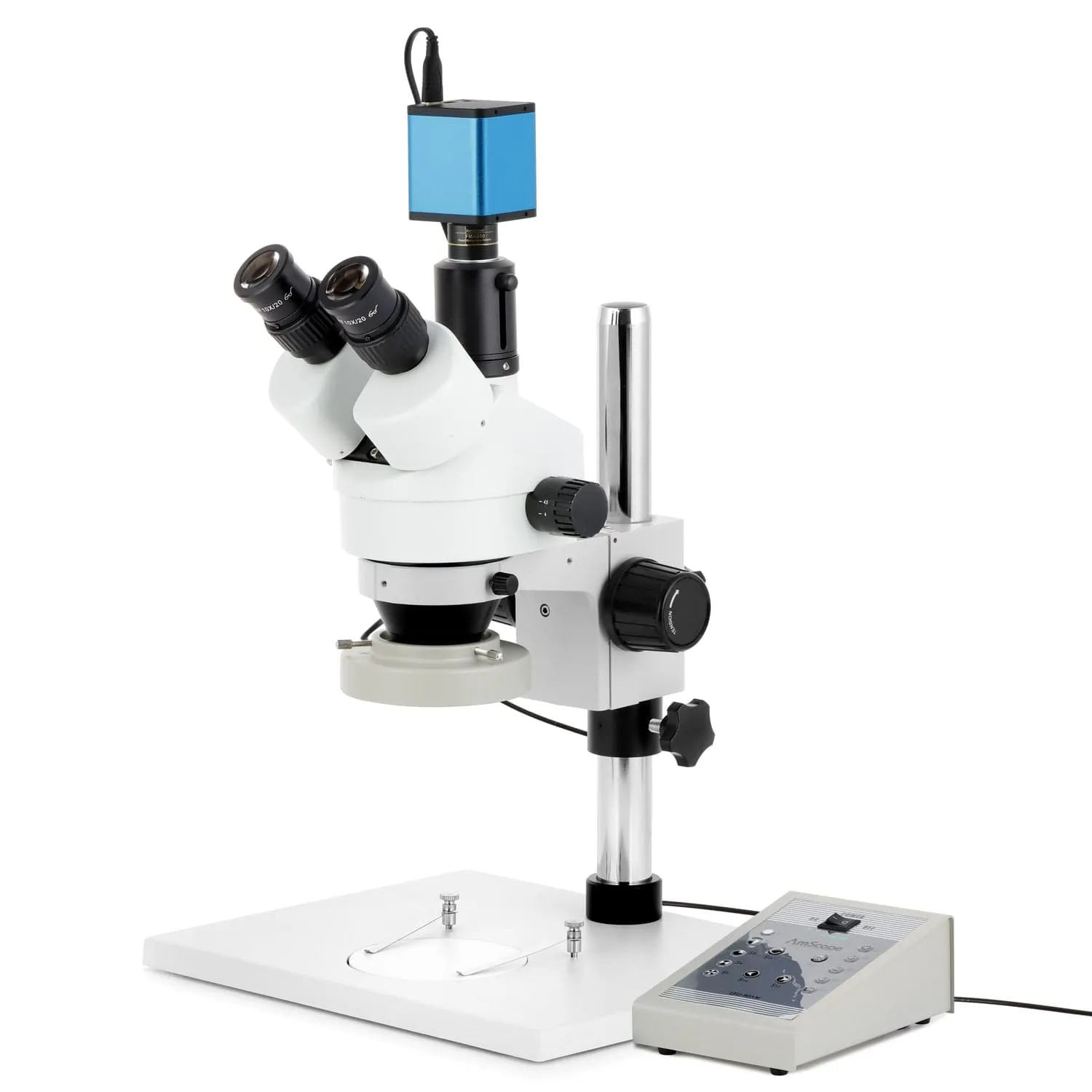 AmScope SM-1 Series Zoom Trinocular Stereo Microscope on Pillar Stand with Extra Large Base Plate w/80 LED Direction Variable Ring Light and Auto Focus Camera