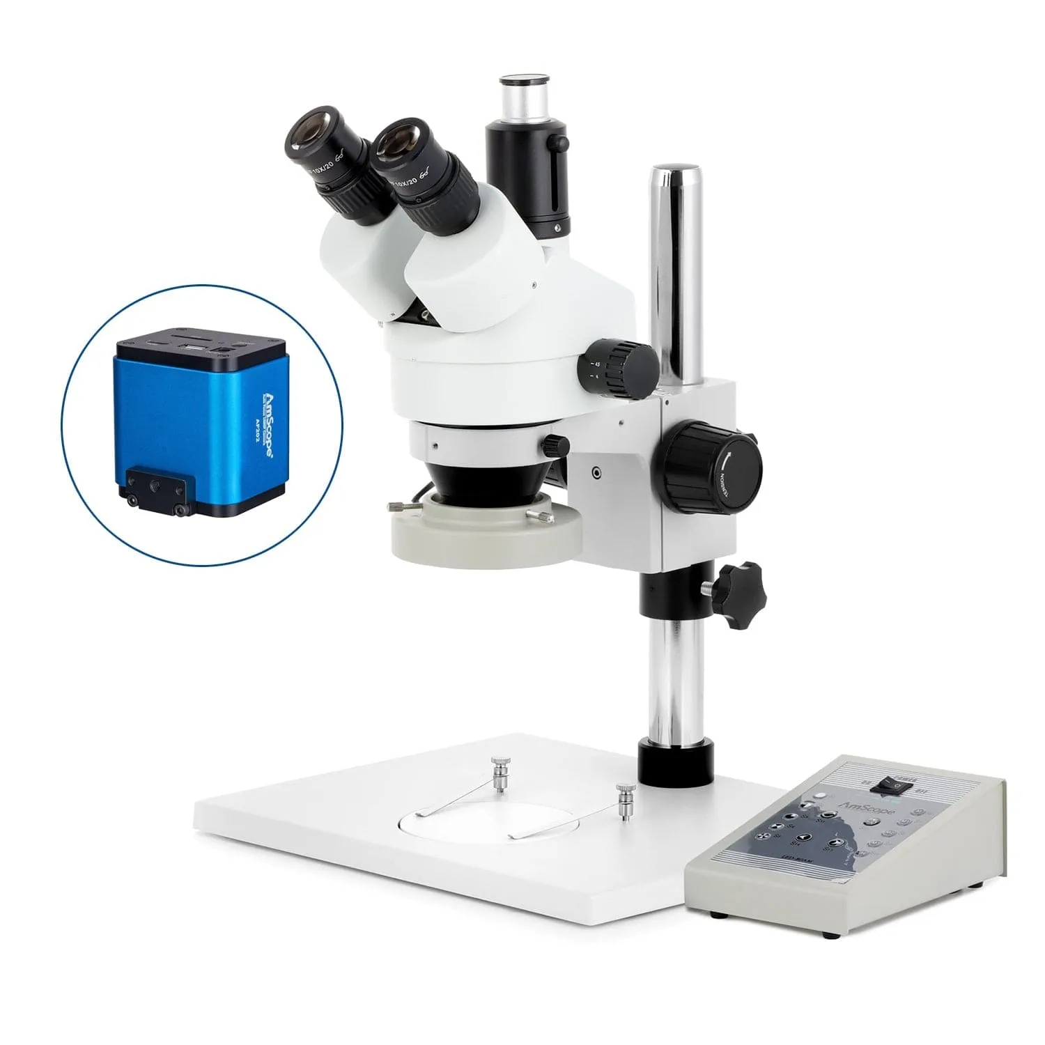 AmScope SM-1 Series Zoom Trinocular Stereo Microscope on Pillar Stand with Extra Large Base Plate w/80 LED Direction Variable Ring Light and Auto Focus Camera