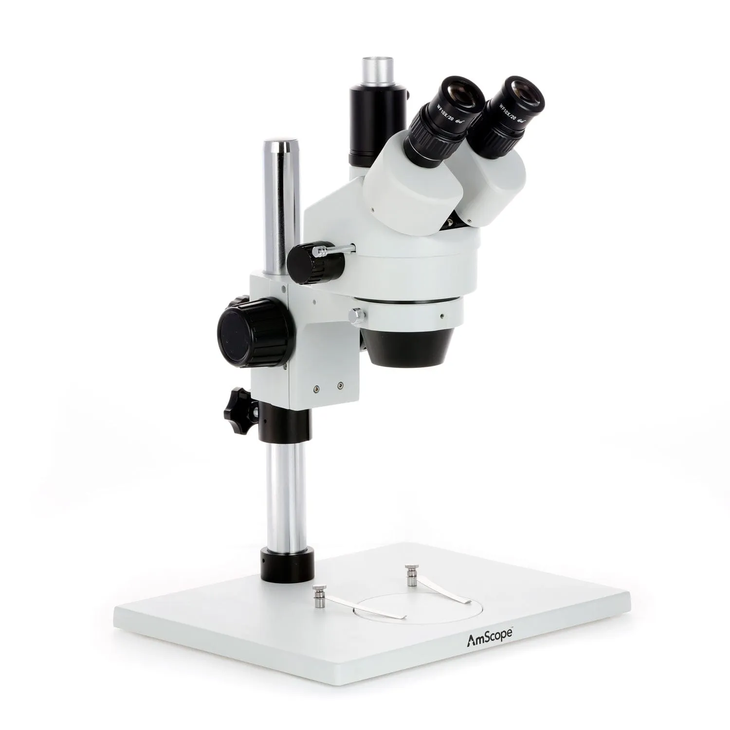 AmScope SM-1 Series Zoom Trinocular Stereo Microscope on Pillar Stand with Extra Large Base Plate w/80 LED Direction Variable Ring Light and Auto Focus Camera