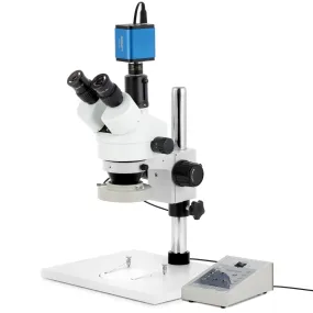 AmScope SM-1 Series Zoom Trinocular Stereo Microscope on Pillar Stand with Extra Large Base Plate w/80 LED Direction Variable Ring Light and HDMI Camera