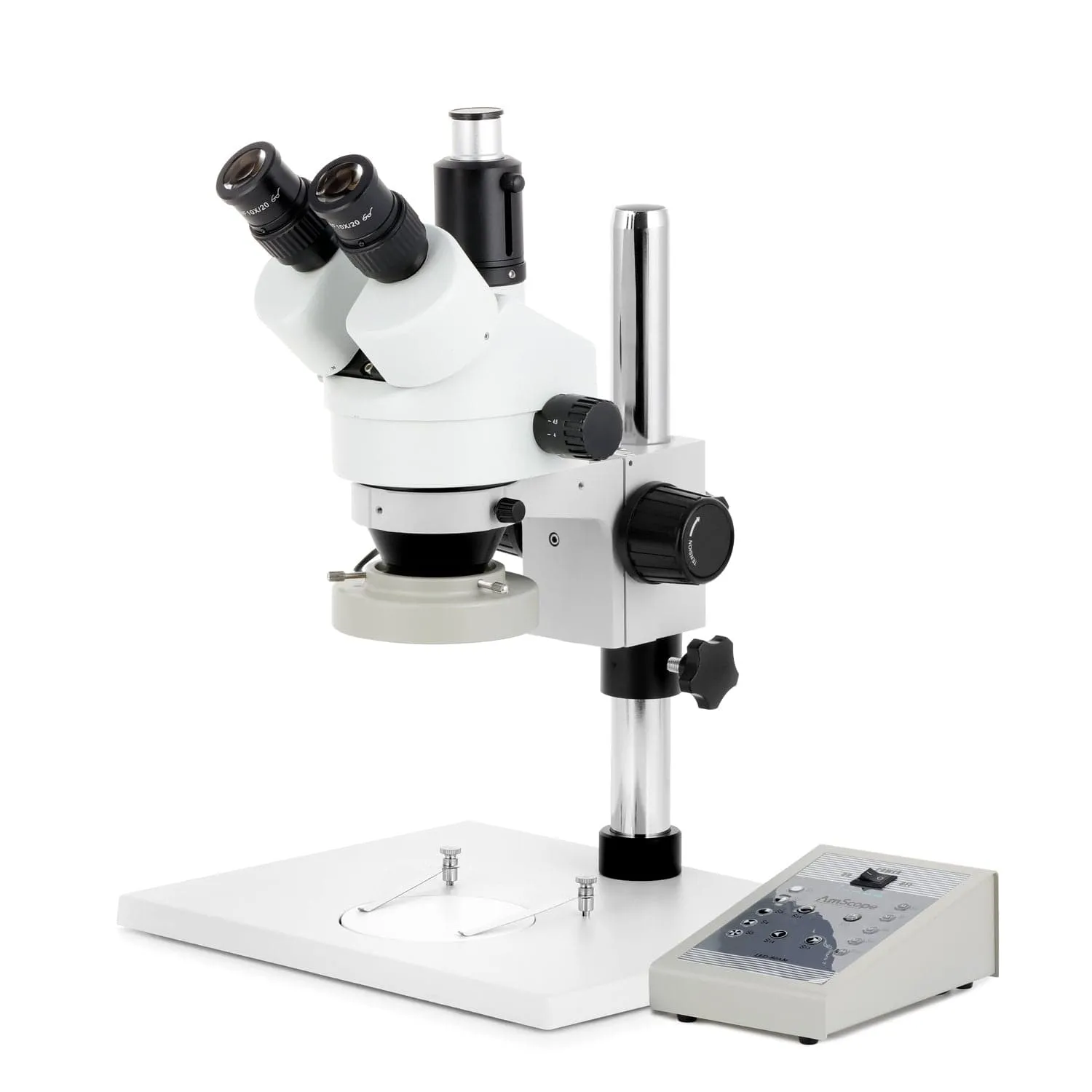 AmScope SM-1 Series Zoom Trinocular Stereo Microscope on Pillar Stand with Extra Large Base Plate w/80 LED Direction Variable Ring Light and HDMI Camera