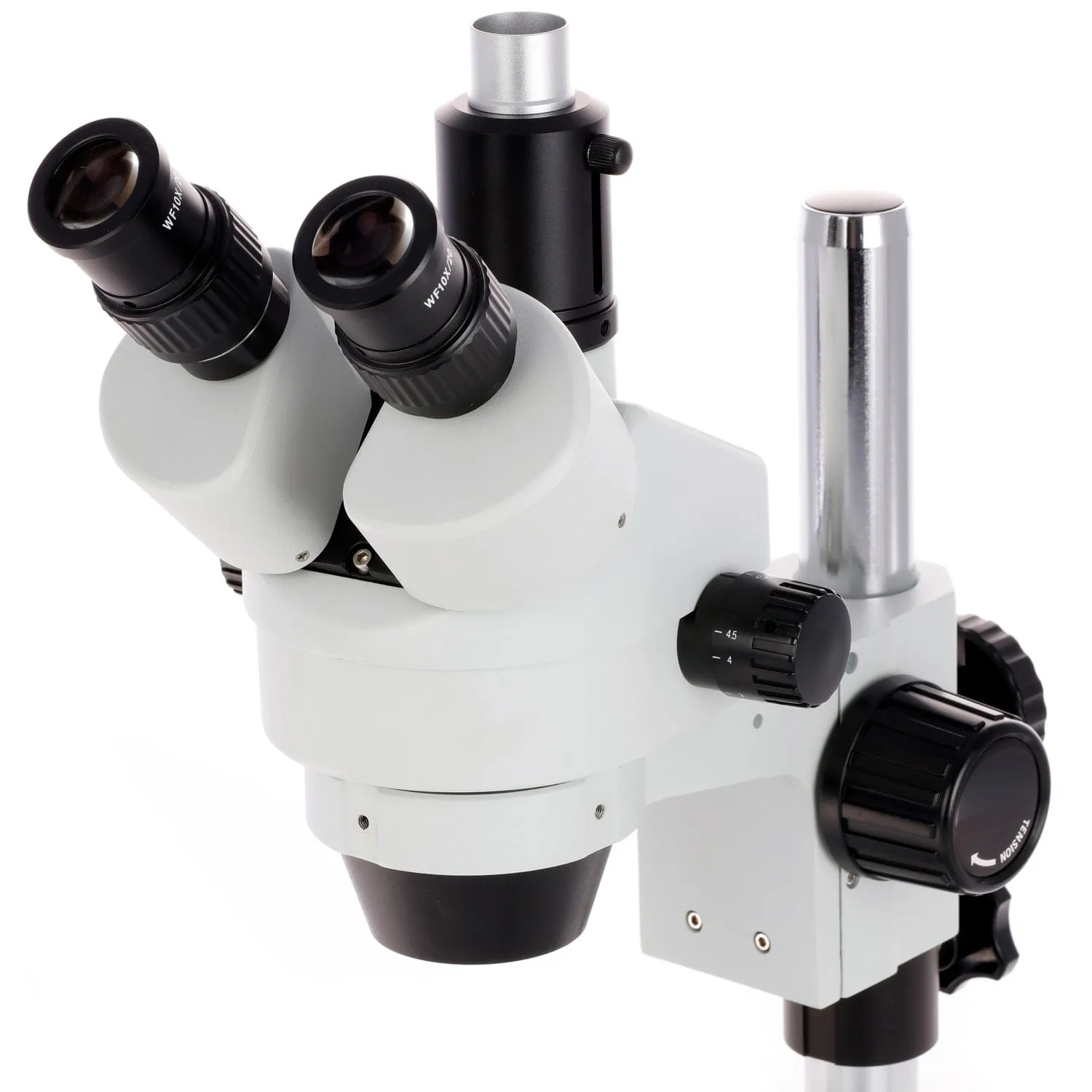 AmScope SM-1 Series Zoom Trinocular Stereo Microscope on Pillar Stand with Extra Large Base Plate w/80 LED Direction Variable Ring Light and HDMI Camera