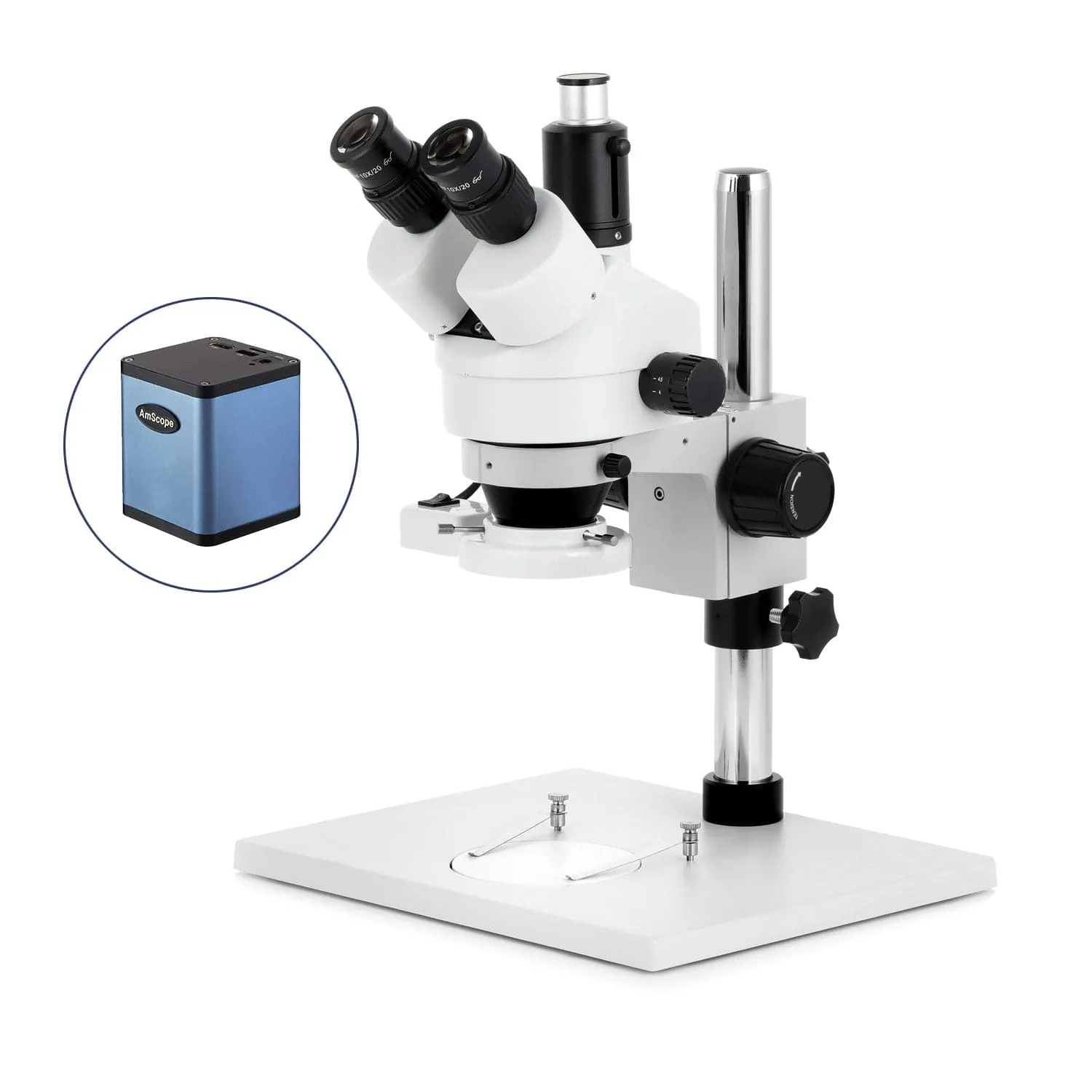 AmScope SM-1 Series Zoom Trinocular Stereo Microscope on Pillar Stand with Extra Large Base Plate w/8W Fluorescent Ring Light and Auto Focus Camera