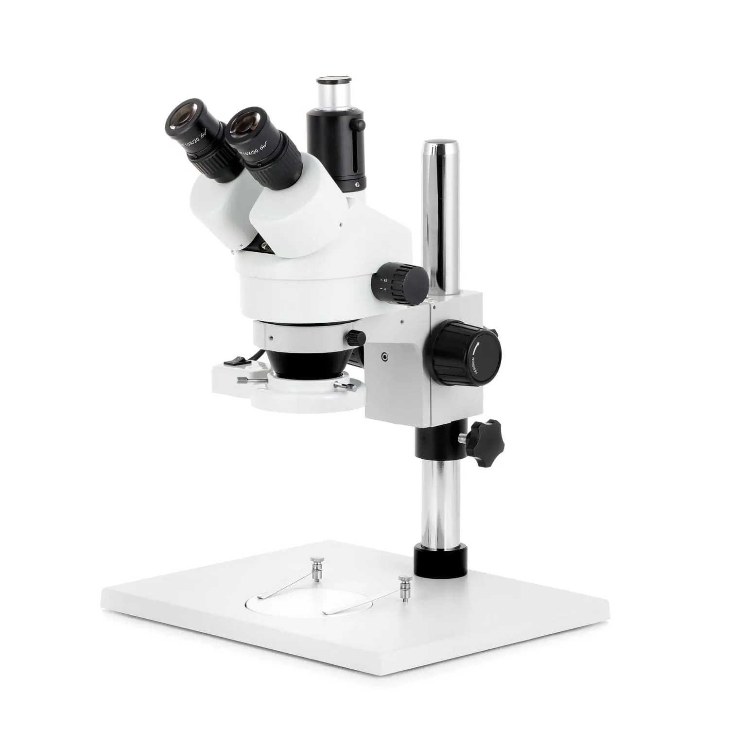 AmScope SM-1 Series Zoom Trinocular Stereo Microscope on Pillar Stand with Extra Large Base Plate w/8W Fluorescent Ring Light and Auto Focus Camera