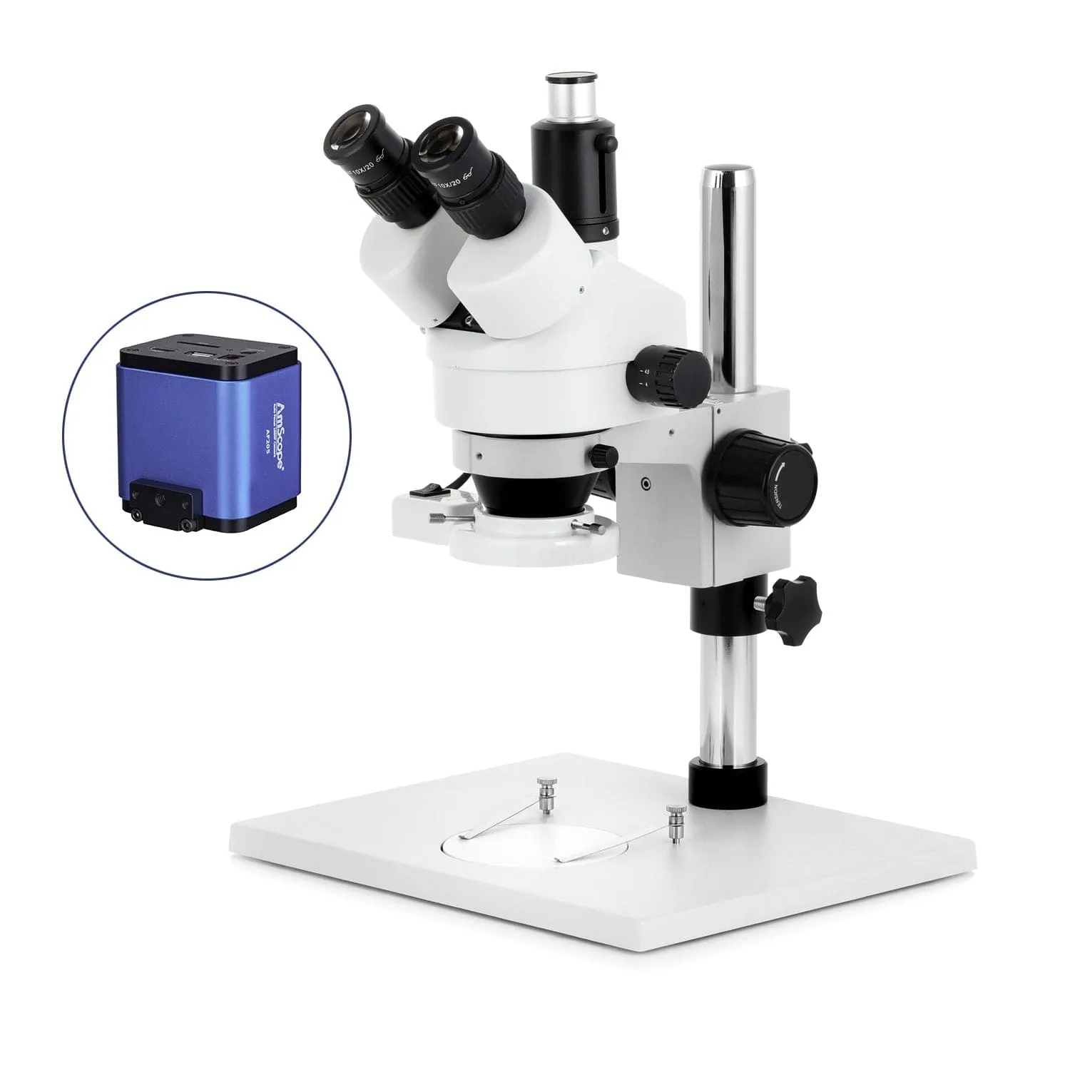 AmScope SM-1 Series Zoom Trinocular Stereo Microscope on Pillar Stand with Extra Large Base Plate w/8W Fluorescent Ring Light and Auto Focus Camera