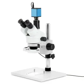 AmScope SM-1 Series Zoom Trinocular Stereo Microscope on Pillar Stand with Extra Large Base Plate w/8W Fluorescent Ring Light and Auto Focus Camera