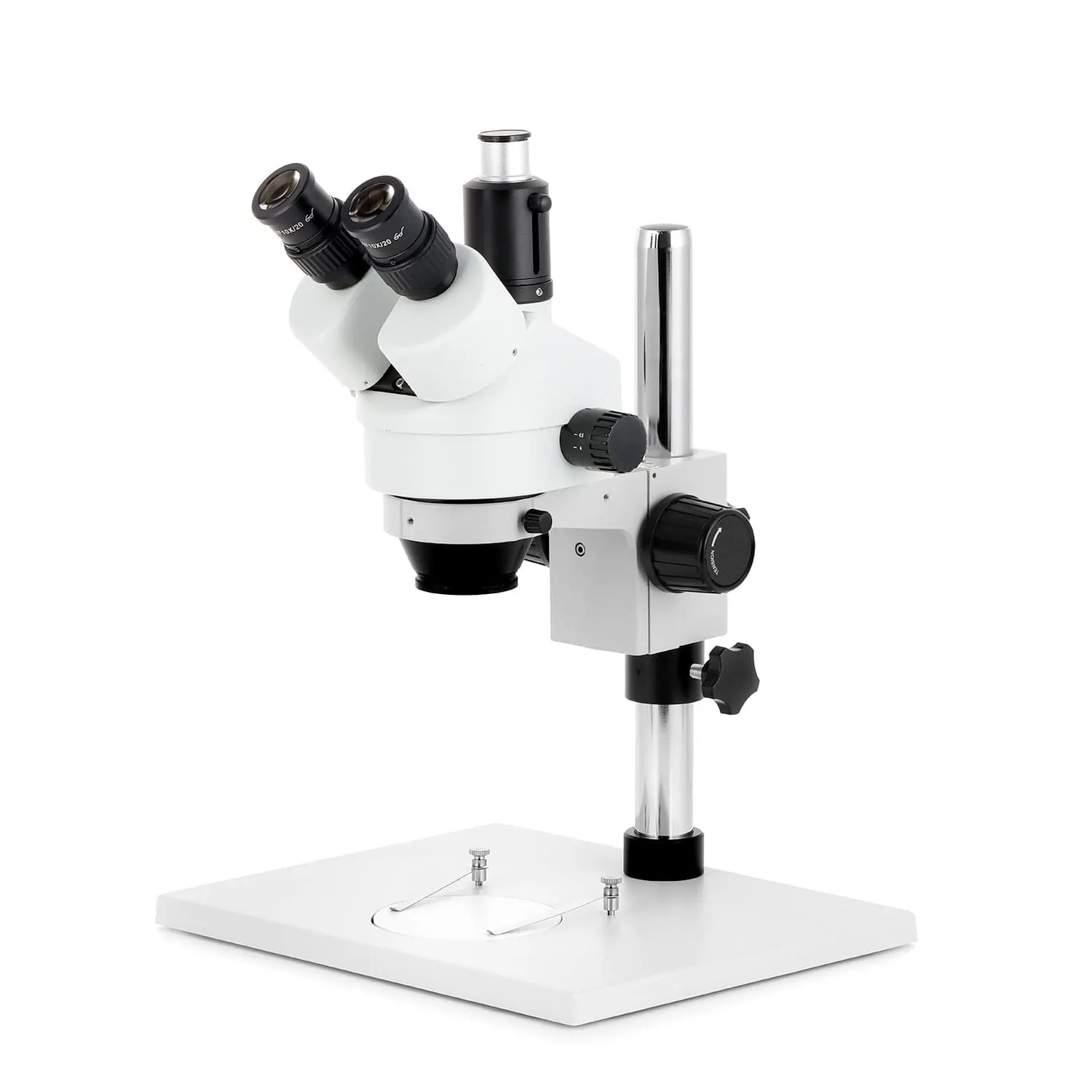 AmScope SM-1 Series Zoom Trinocular Stereo Microscope on Pillar Stand with Extra Large Base Plate w/Auto Focus Camera