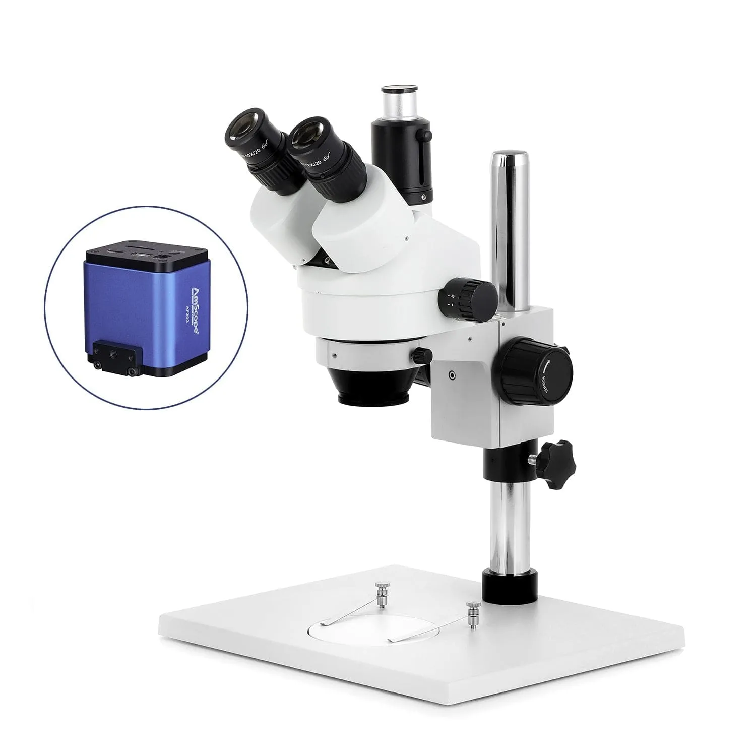 AmScope SM-1 Series Zoom Trinocular Stereo Microscope on Pillar Stand with Extra Large Base Plate w/Auto Focus Camera
