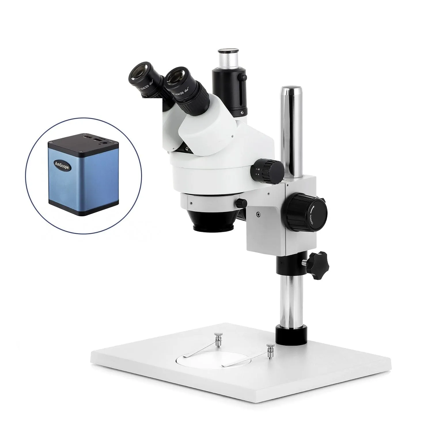 AmScope SM-1 Series Zoom Trinocular Stereo Microscope on Pillar Stand with Extra Large Base Plate w/Auto Focus Camera