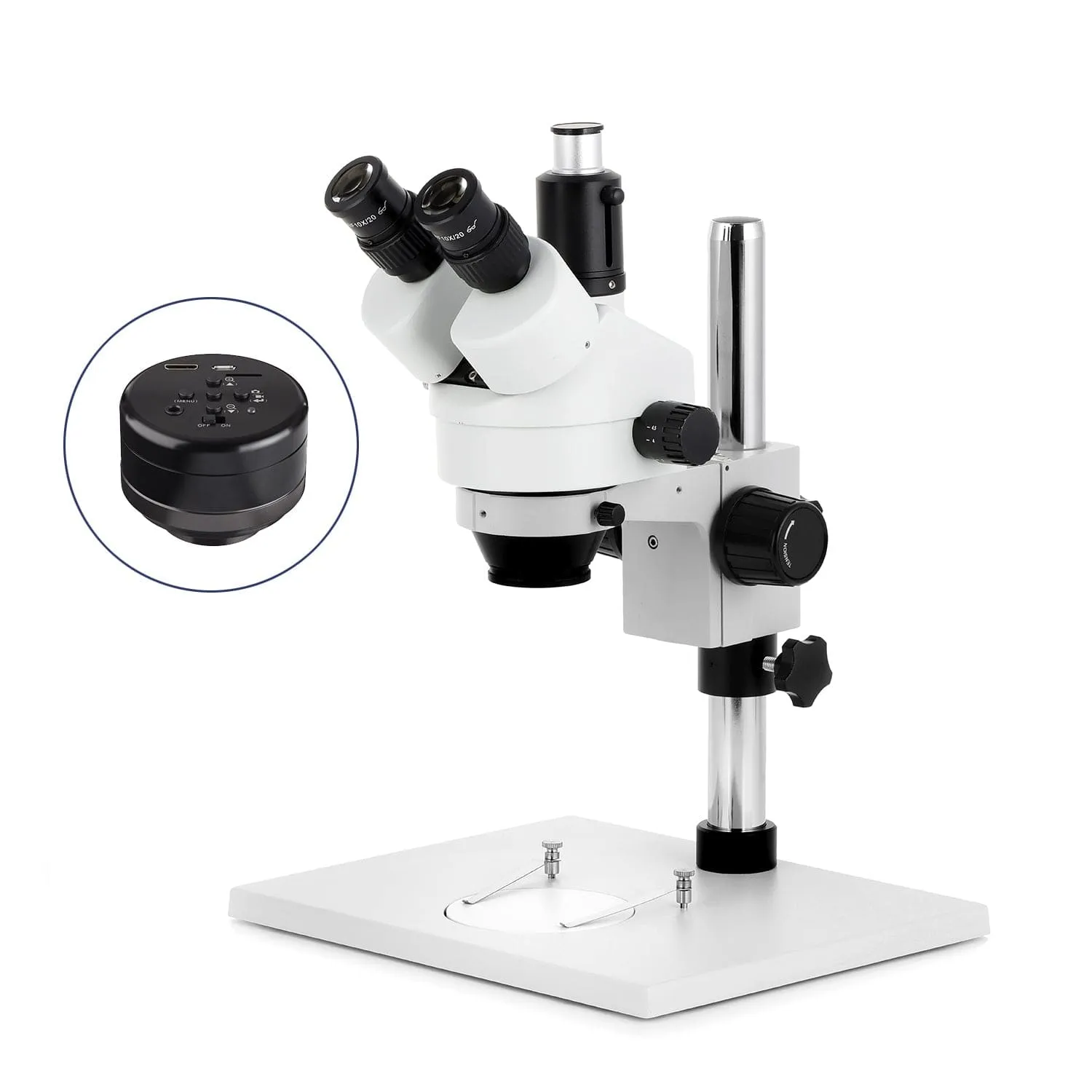 AmScope SM-1 Series Zoom Trinocular Stereo Microscope on Pillar Stand with Extra Large Base Plate w/HD Recording Camera