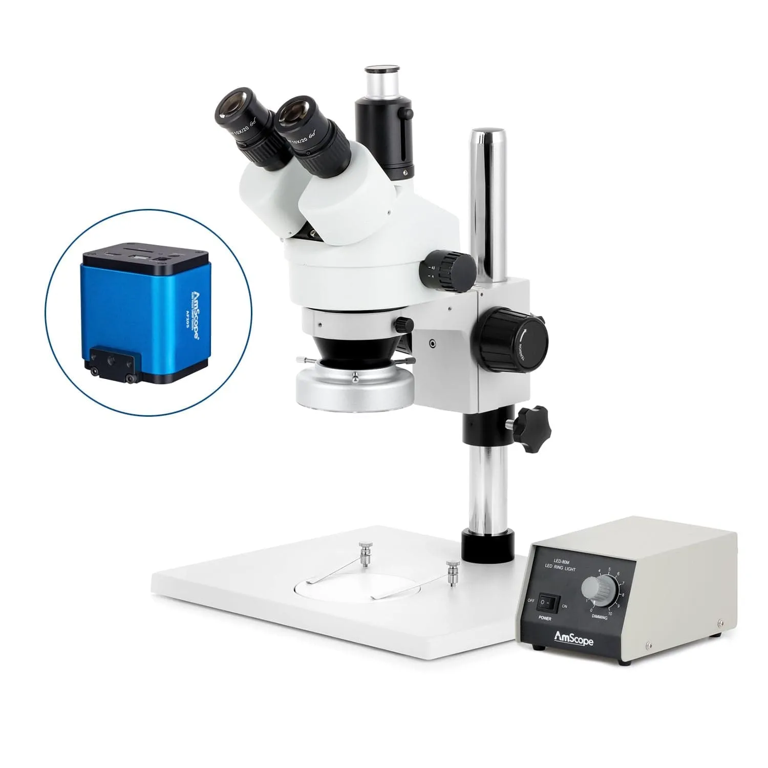 AmScope SM-1 Series Zoom Trinocular Stereo Microscope on Pillar Stand with Extra Large Base Plate w/Heavy Duty 80 LED Ring Light and Auto Focus Camera
