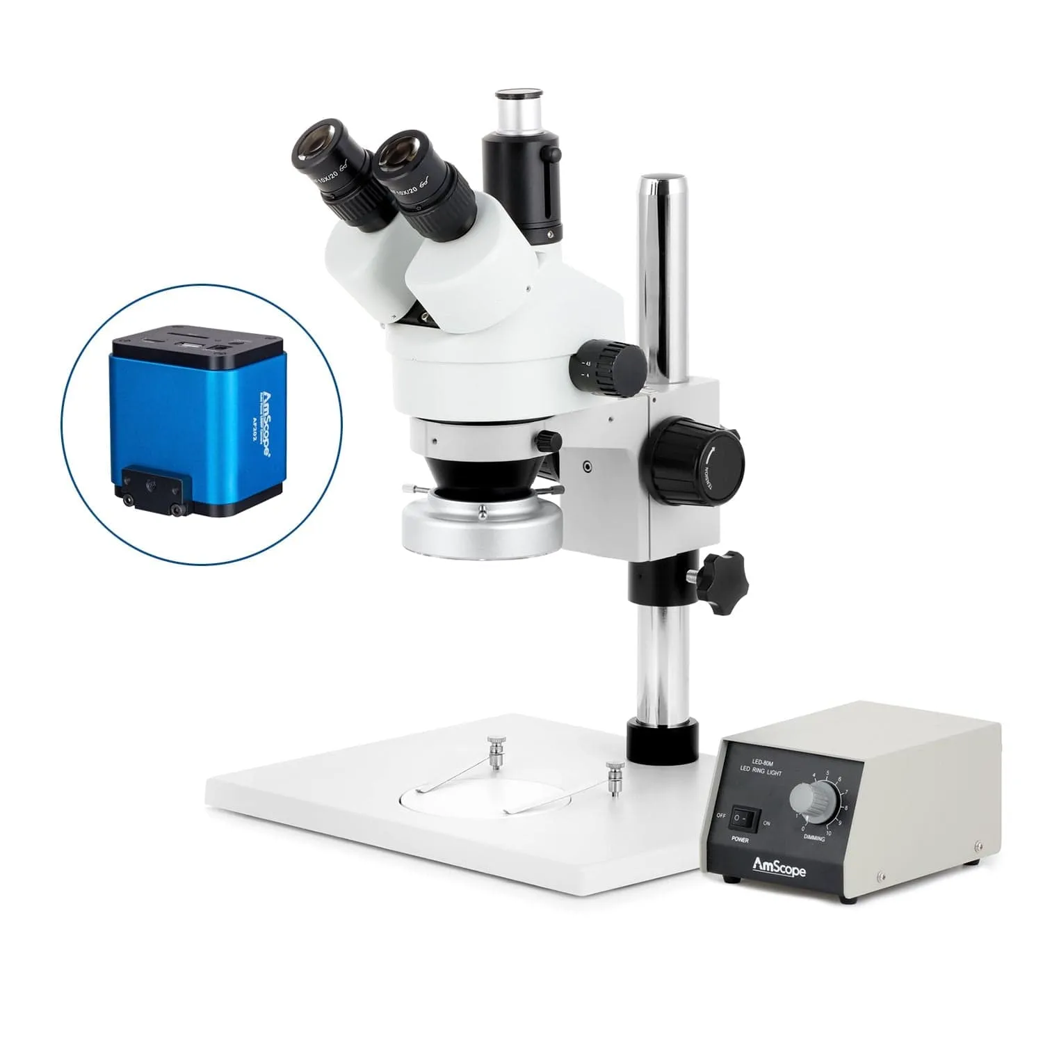 AmScope SM-1 Series Zoom Trinocular Stereo Microscope on Pillar Stand with Extra Large Base Plate w/Heavy Duty 80 LED Ring Light and Auto Focus Camera