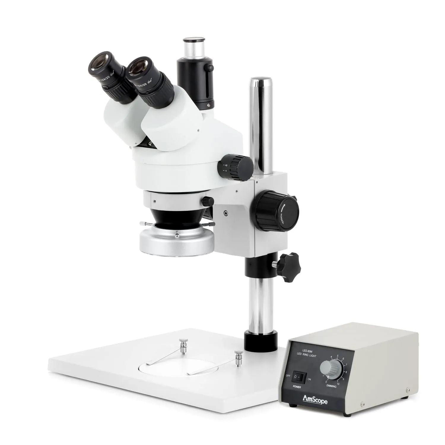 AmScope SM-1 Series Zoom Trinocular Stereo Microscope on Pillar Stand with Extra Large Base Plate w/Heavy Duty 80 LED Ring Light and Auto Focus Camera