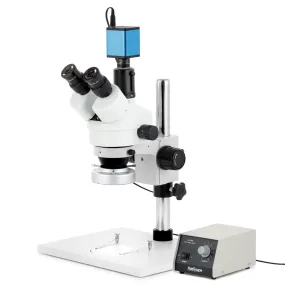 AmScope SM-1 Series Zoom Trinocular Stereo Microscope on Pillar Stand with Extra Large Base Plate w/Heavy Duty 80 LED Ring Light and Auto Focus Camera